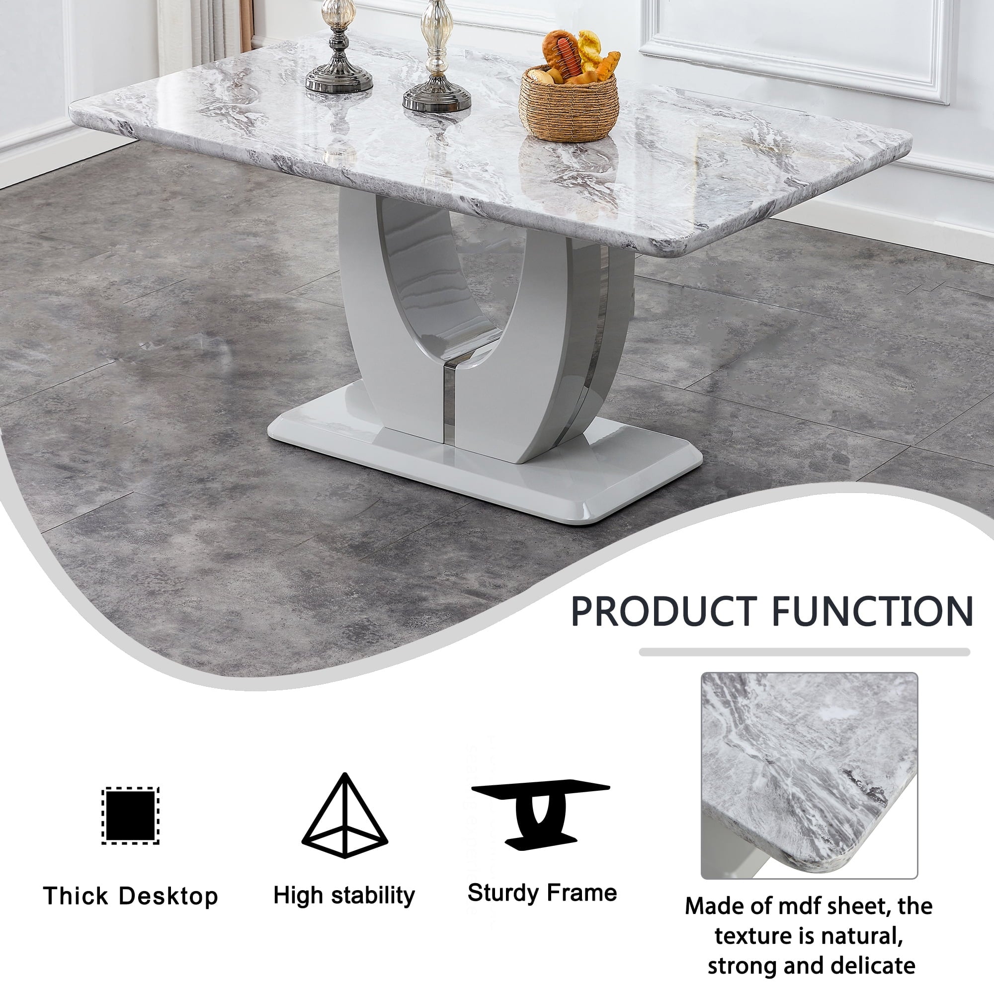 63 Modern White Rectangle Faux Marble Dining Table Room Sets for 4,Dining Table with 4 Velvet Dining Chairs,White Table and 4 Gray Chairs with Silver Leg