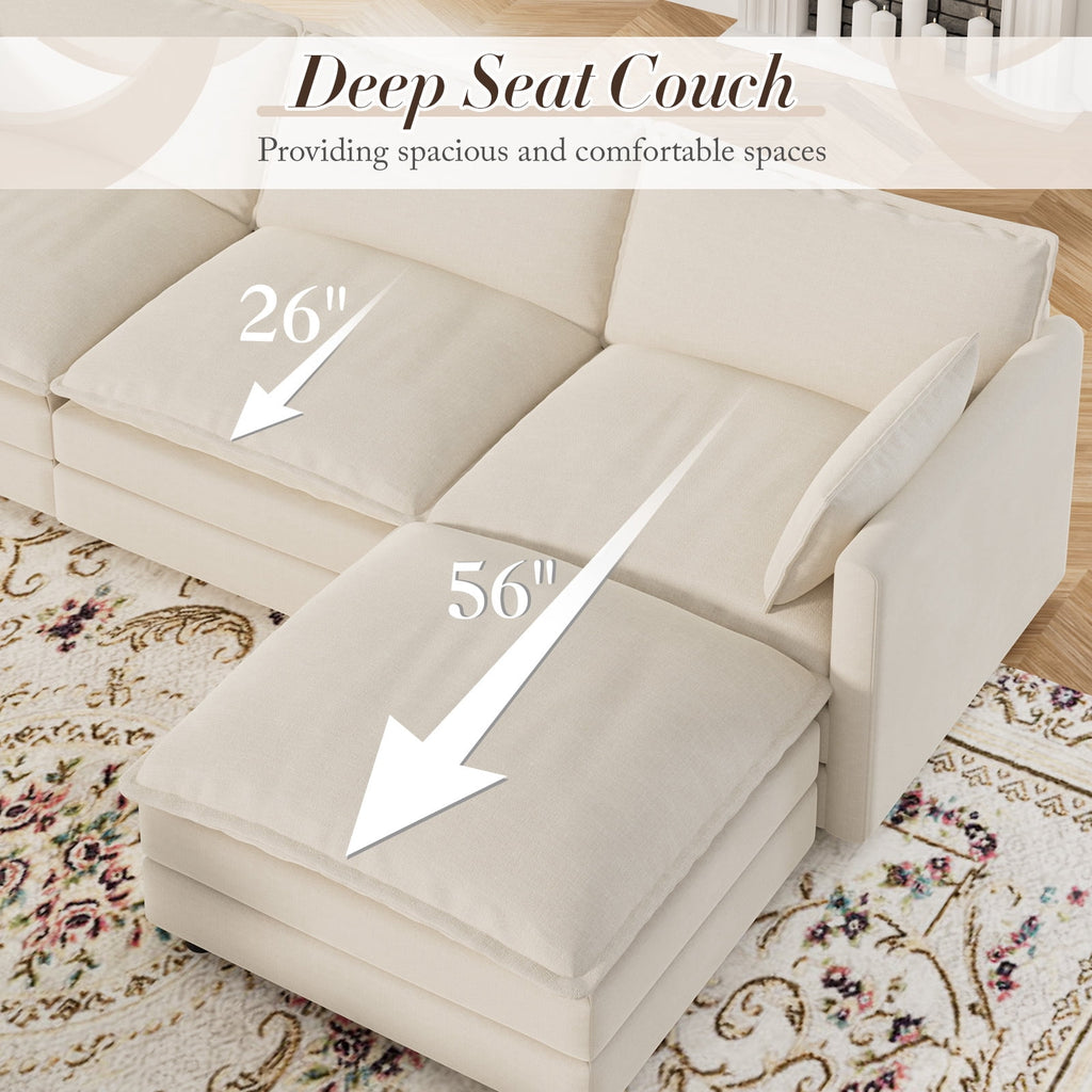 Muumblus Sectional Sofa Cloud Couch with Reversible Ottoman, L-Shaped Chenille Sofa for Living Rooms, Beige