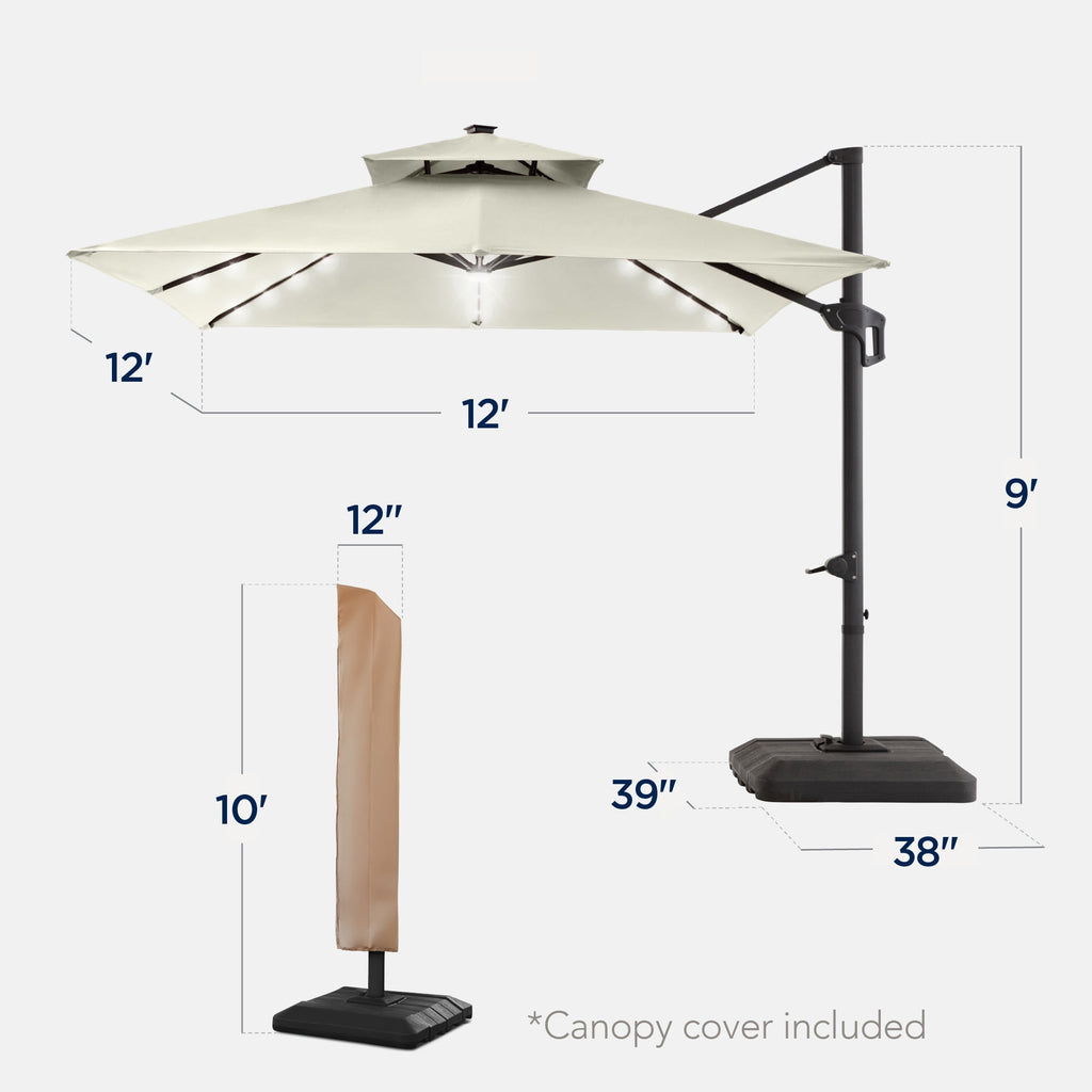 Best Choice Products 12x12ft 2-Tier Square Outdoor Solar LED Cantilever Umbrella w/ 360-Rotating Base   Gray