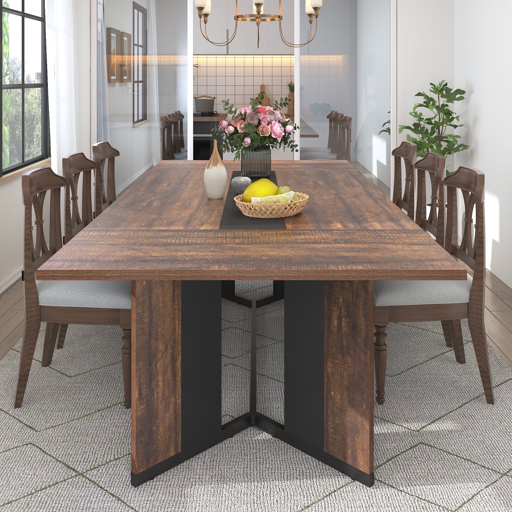 71 inch Large Rectangular Dining Table for 6-8 People, Dining Table with Marble-Color Wood Waterproof Tabletop and Adjustable Leg, 6ft Luxurious Family Dinner Table for Office Kitchen Living Room