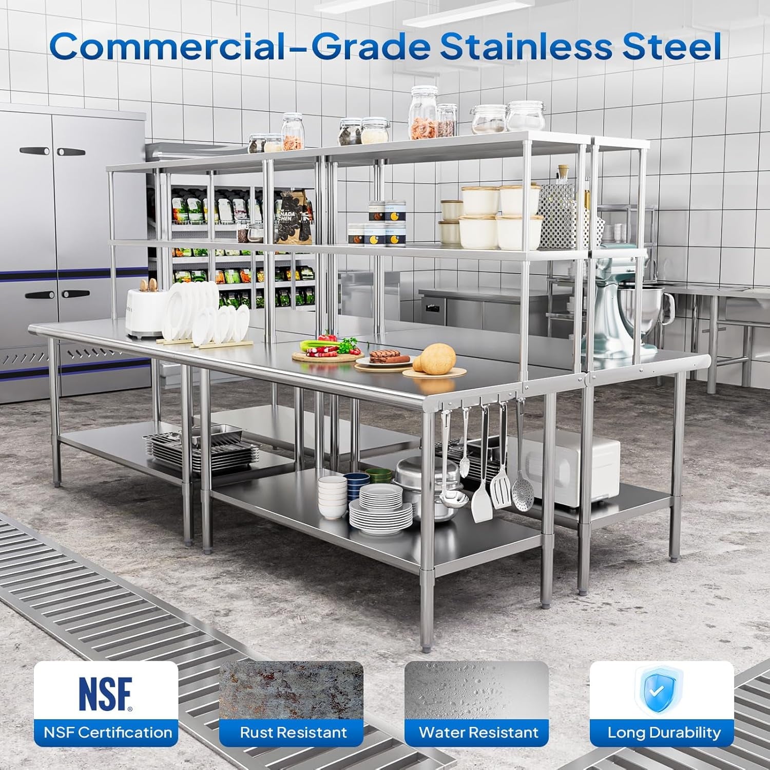 Ktaxon 72 x 30 Stainless Steel Workbench with Overshelves, NSF Commercial Heavy Duty Work Table with Adjustable Undershelf & Detachable Hooks