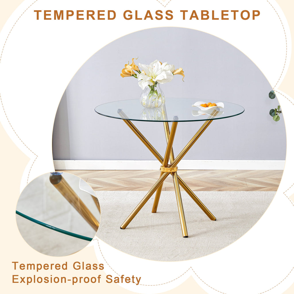 LUFTUT 36.6 Round Glass Dining Table, Modern Gold Base Kitchen Table, Small Space Bistro Table, Clear Tempered Glass Top for Apartmen