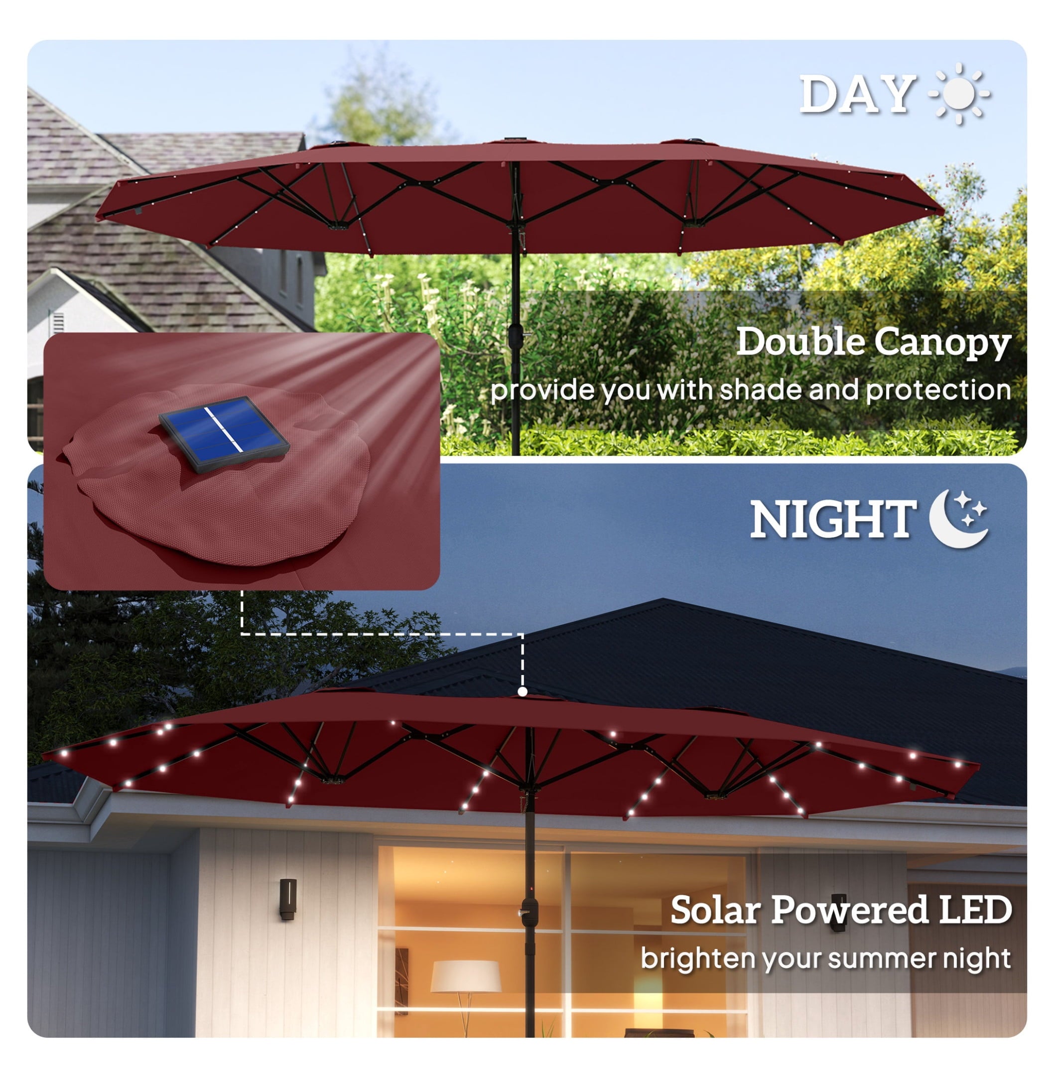Garden Parasol 14.4ft Double Canopy, Solar LED Patio Umbrella with Base, Wine Red, Outdoor Sun Shade with Crank, Large Steel Frame for Garden, Deck, Backyard
