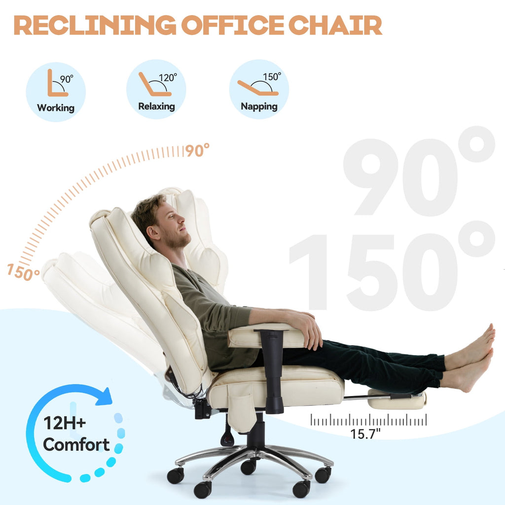 Massage & Heated Office Chair with Foot Rest, Ergonomic Executive Office Chair with Reclining Backrest, Adjustable Arms and Lumbar Support, High Back Leather Desk Chairs for Home Office, Beige