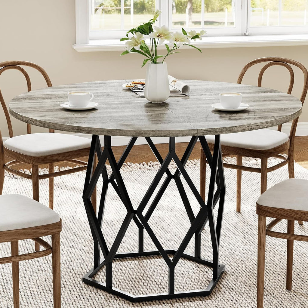 M optimized Round Dining Table for 4-6 People, 47 Farmhouse Kitchen Table, Modern Circle Dinner Table with Sturdy Base, Industrial Wood Dinning Room Table for Kitchen