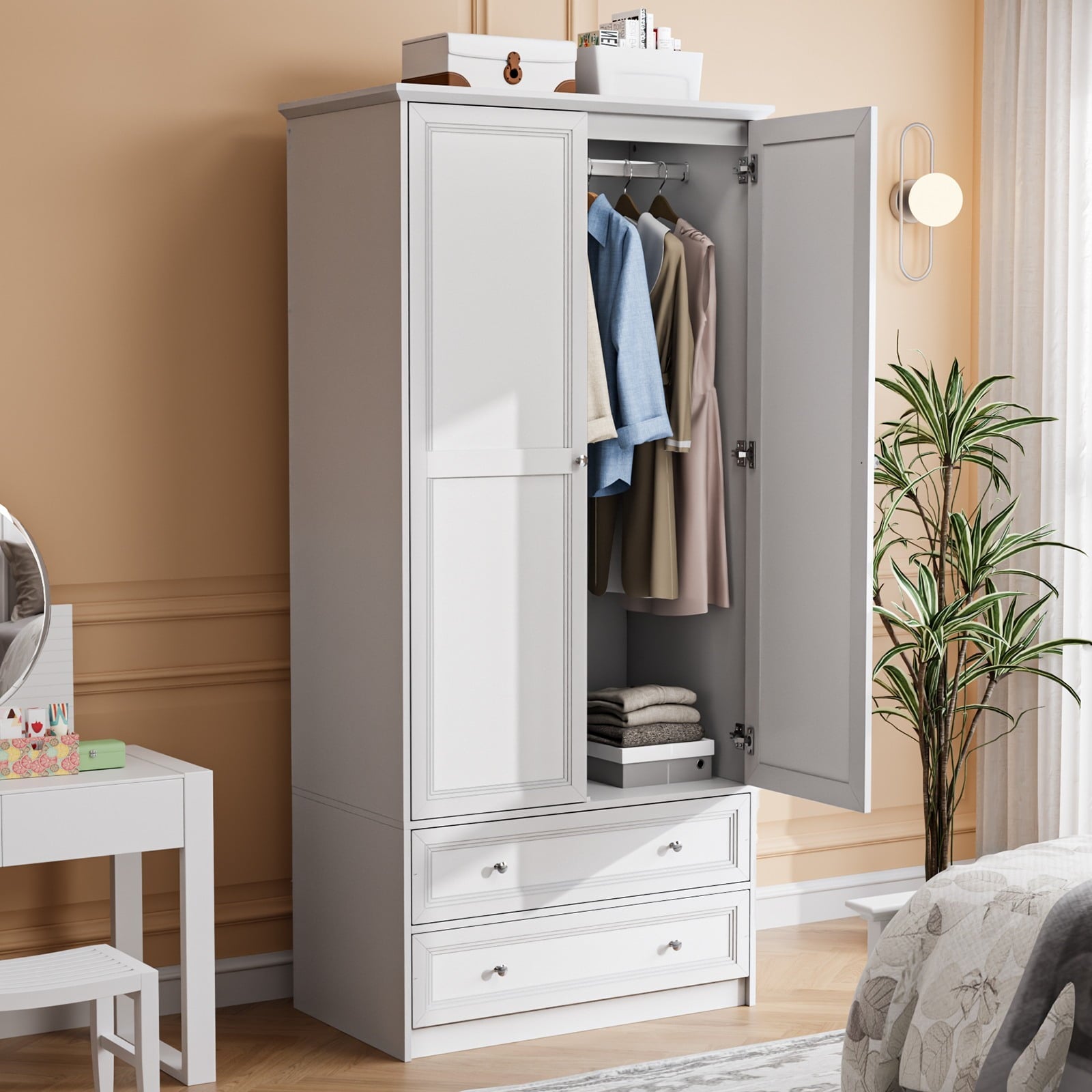 Ktaxon Wardrobe Armoire Closet with Hanging Rod, Modern Drawer & Shelf – Elegant White Finish Closet, Farmhouse to Mid-Century Style
