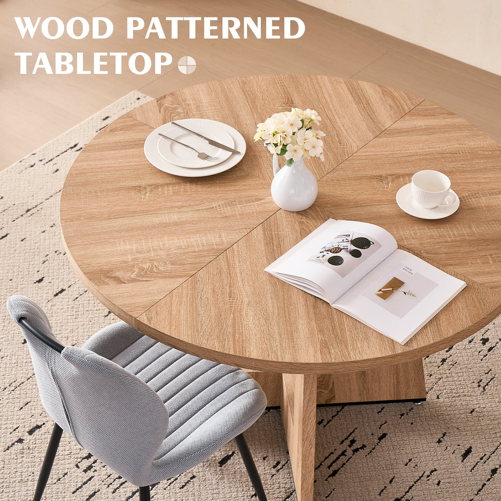 5 Piece 47'' Round Dining Table Chairs Set for 4, Farmhouse Oak Kitchen Table with 4 Boucle Mid Century Modern Dinning Room Chairs, Wood Dinner Table &Upholstered Chair Set of 4, Beige