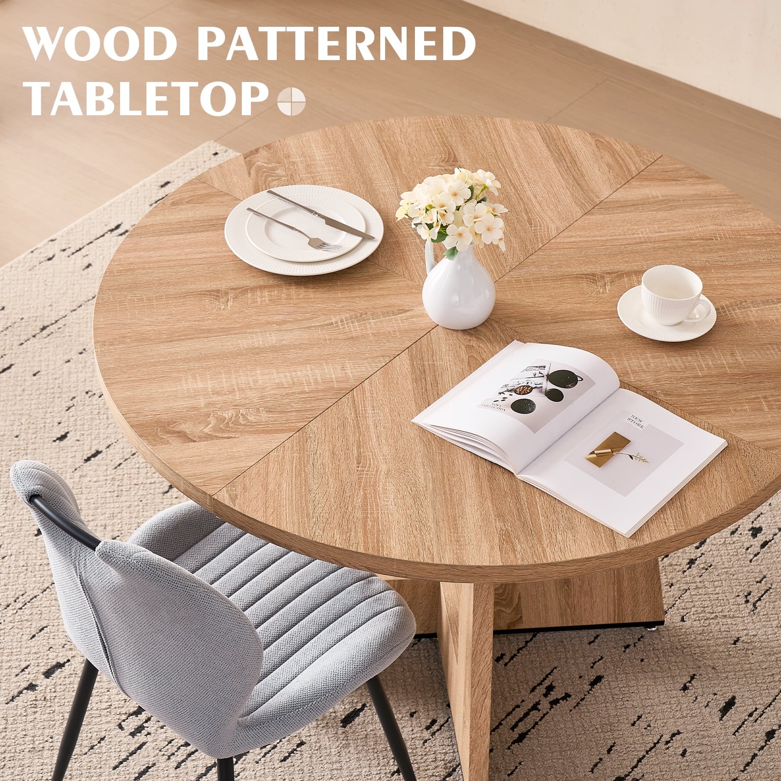 5 Piece 47'' Round Dining Table Chairs Set for 4, Farmhouse Oak Kitchen Table with 4 Boucle Mid Century Modern Dinning Room Chairs, Wood Dinner Table &Upholstered Chair Set of 4, Beige