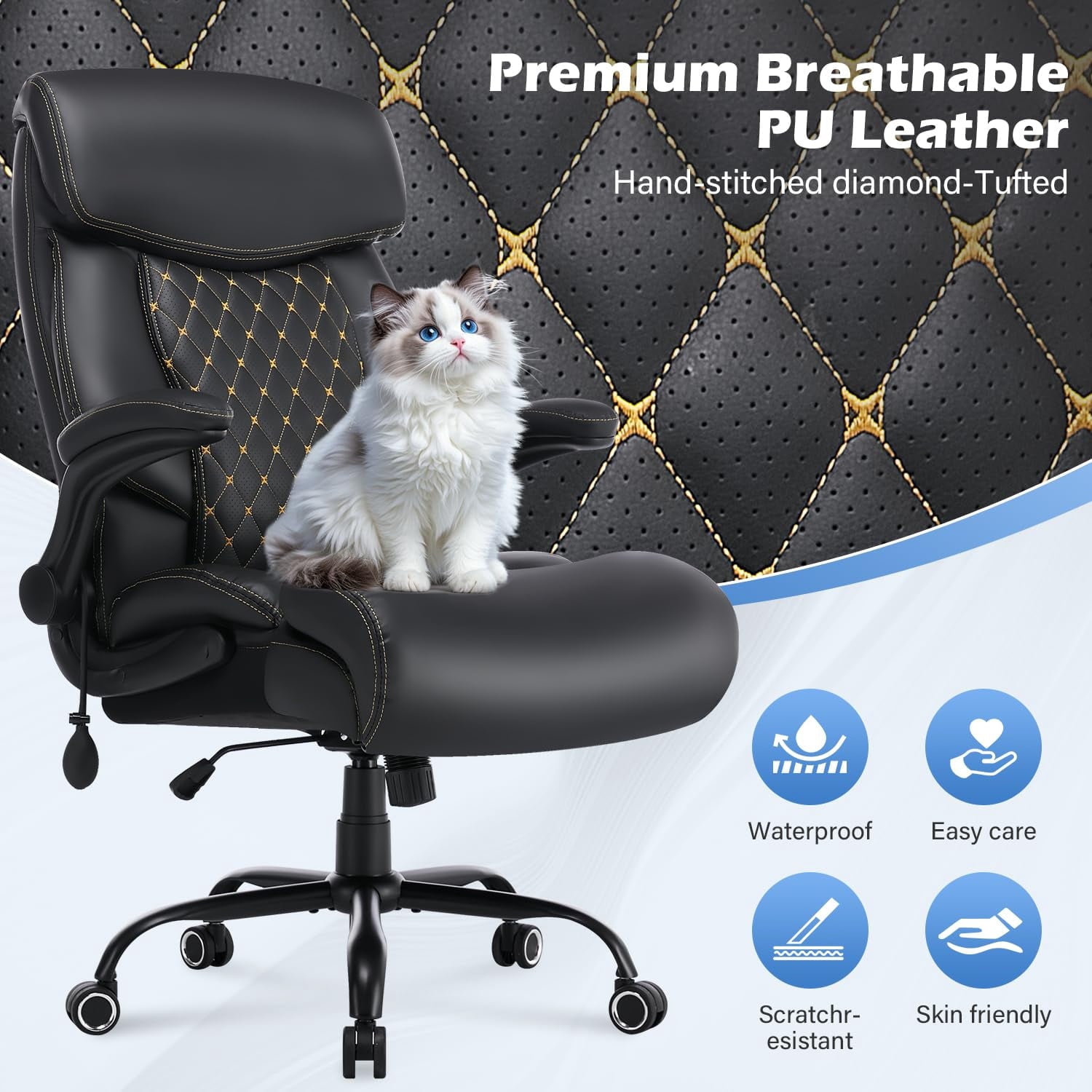 JONPONY Leather Office Chair, Big and Tall Office Chair 400LBS Wide Seat Ergonomic Computer Desk Chair High Back Executive Leather Chair Adjustable Task Chair Lumbar Back with 1-Year Warranty, Black