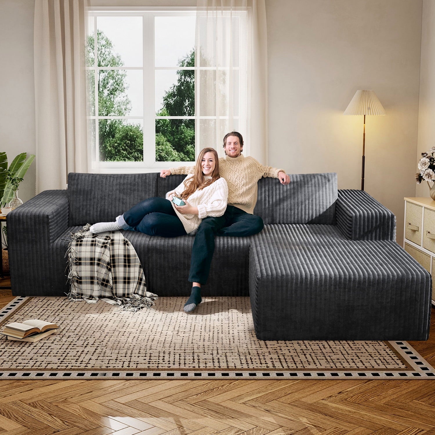 YVDNHP Modular Cloud Sofa - No Assembly Required, 107.8 Oversized L-Shaped Sectional with Chaise, Flannel Fabric Deep Seating Couch for Living Room