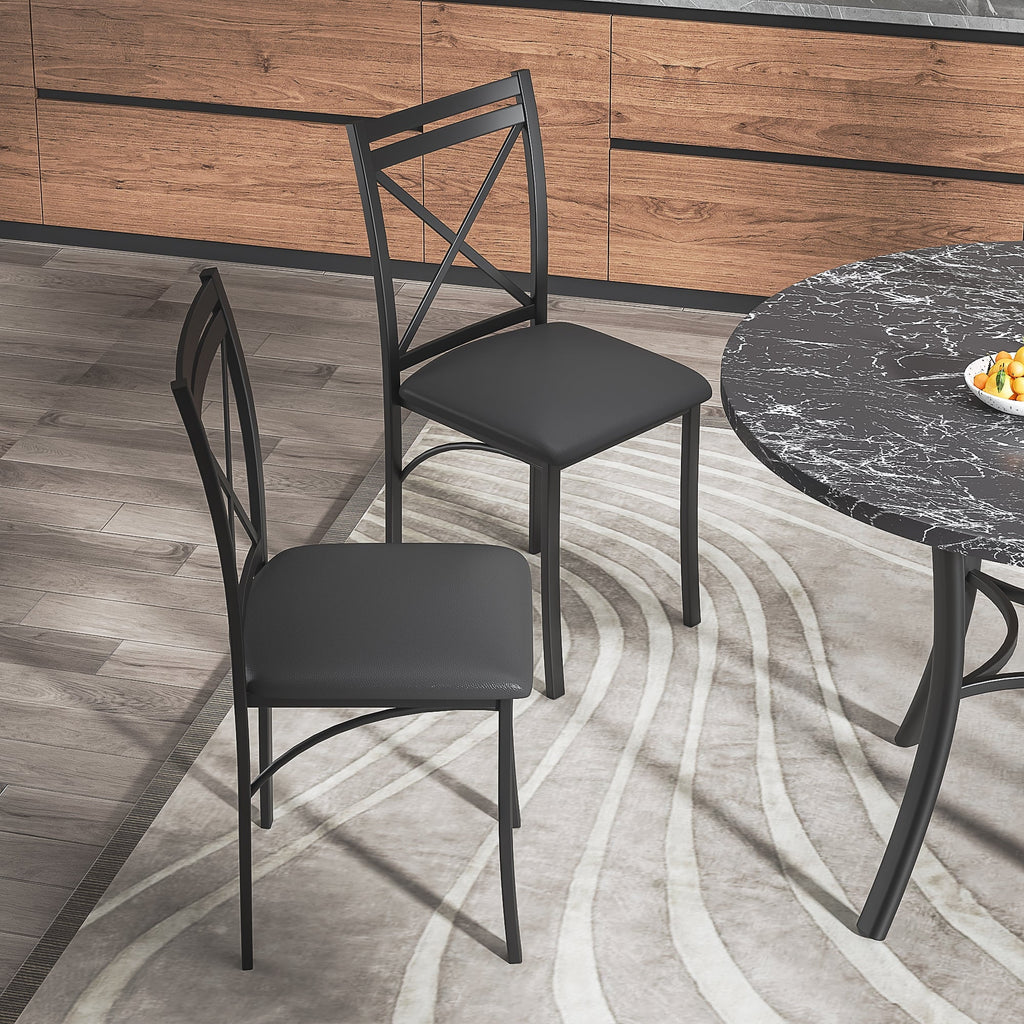 VECELO 5-Piece Dining Table Set, Modern Faux Marble Table and 4 Upholstered Chairs Set for 4, Round Dining Room Table Set for Small Space, Breakfast Nook, Apartment, Black