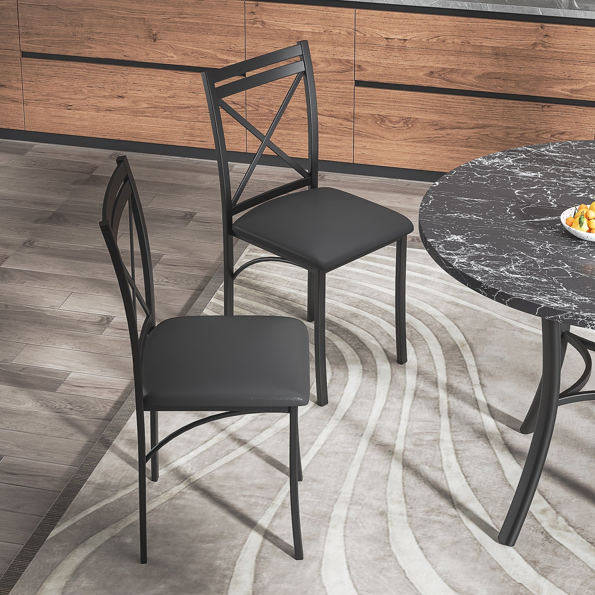 VECELO 5-Piece Dining Table Set, Modern Faux Marble Table and 4 Upholstered Chairs Set for 4, Round Dining Room Table Set for Small Space, Breakfast Nook, Apartment, Black