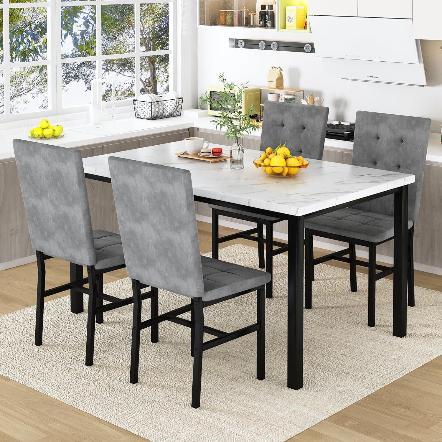MOOSENG 5-Piece Dining Table Set with Faux Marble Top, Modern Kitchen Table and Set of 4 Grey Velvet Upholstered Chairs, Space-Saving Dinette Set for Small Spaces