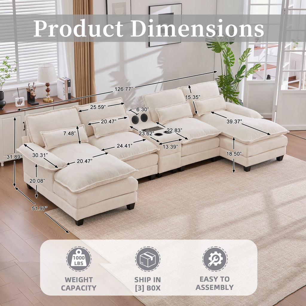 Villeston 126.77 U-Shaped Cloud Sofa With Chaise Lounge, Chenille Sofa With Wireless Charging, Bluetooth Speaker, Two Cup Holders, Storage Drawer, Suitable For Living Room,Gray