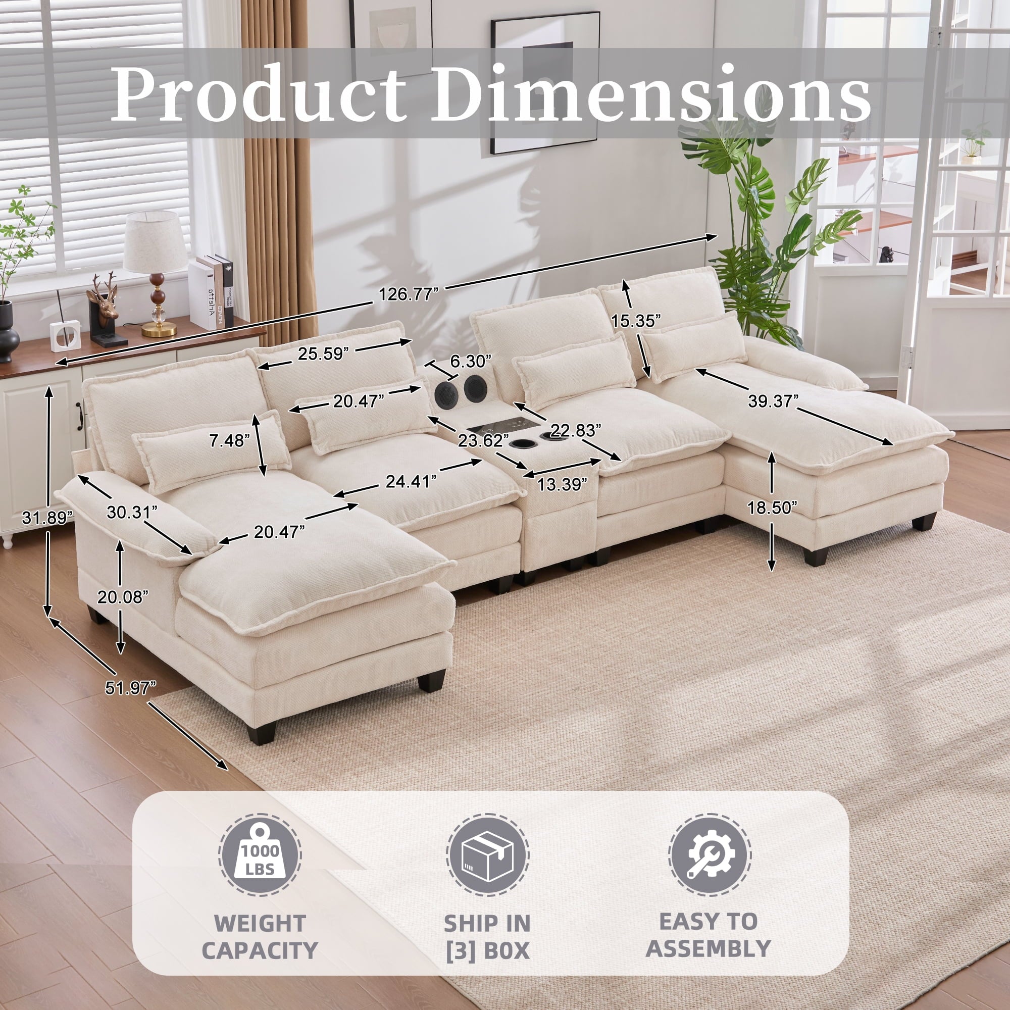 Villeston 126.77 U-Shaped Cloud Sofa With Chaise Lounge, Chenille Sofa With Wireless Charging, Bluetooth Speaker, Two Cup Holders, Storage Drawer, Suitable For Living Room,Gray