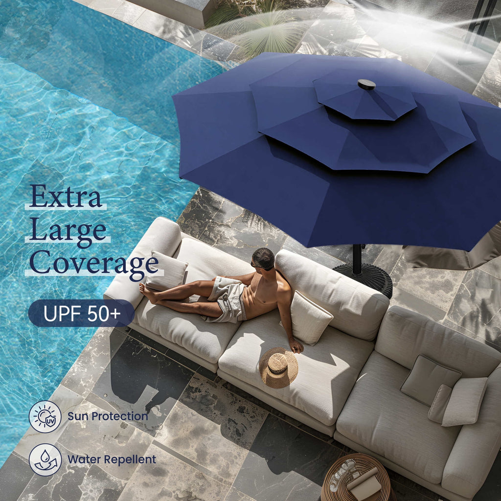 Summit Living 10ft Patio Umbrella with Solar Lights 3-Tier Vented Outdoor Market Umbrella with Auto-Tilt – Beige