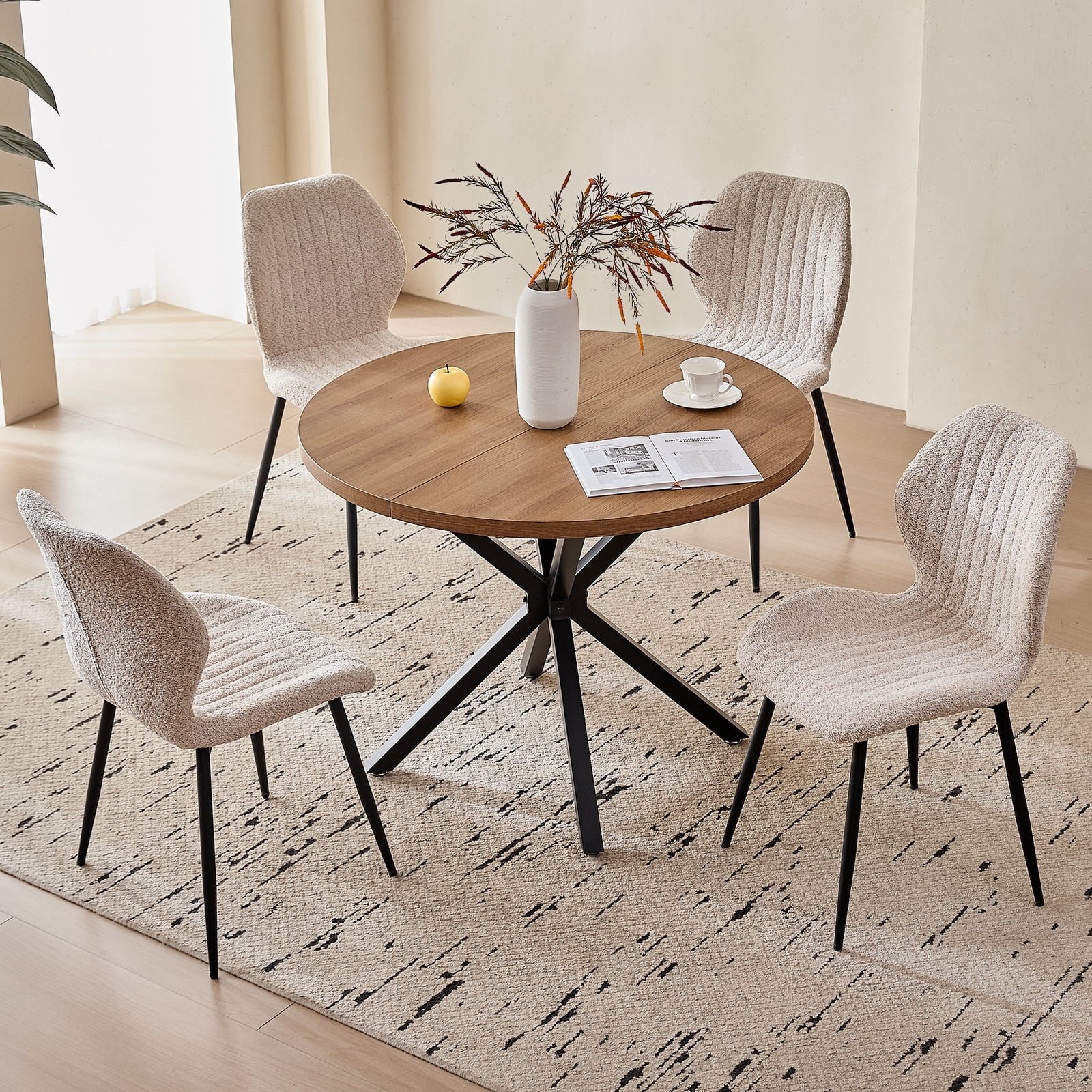 5 Piece 39 Round Dining Table Set for 4, Mid Century Kitchen Table with 4 Khaki Fabric Upholstered Dining Chairs for Apartment Living Room, Space Saving Table.