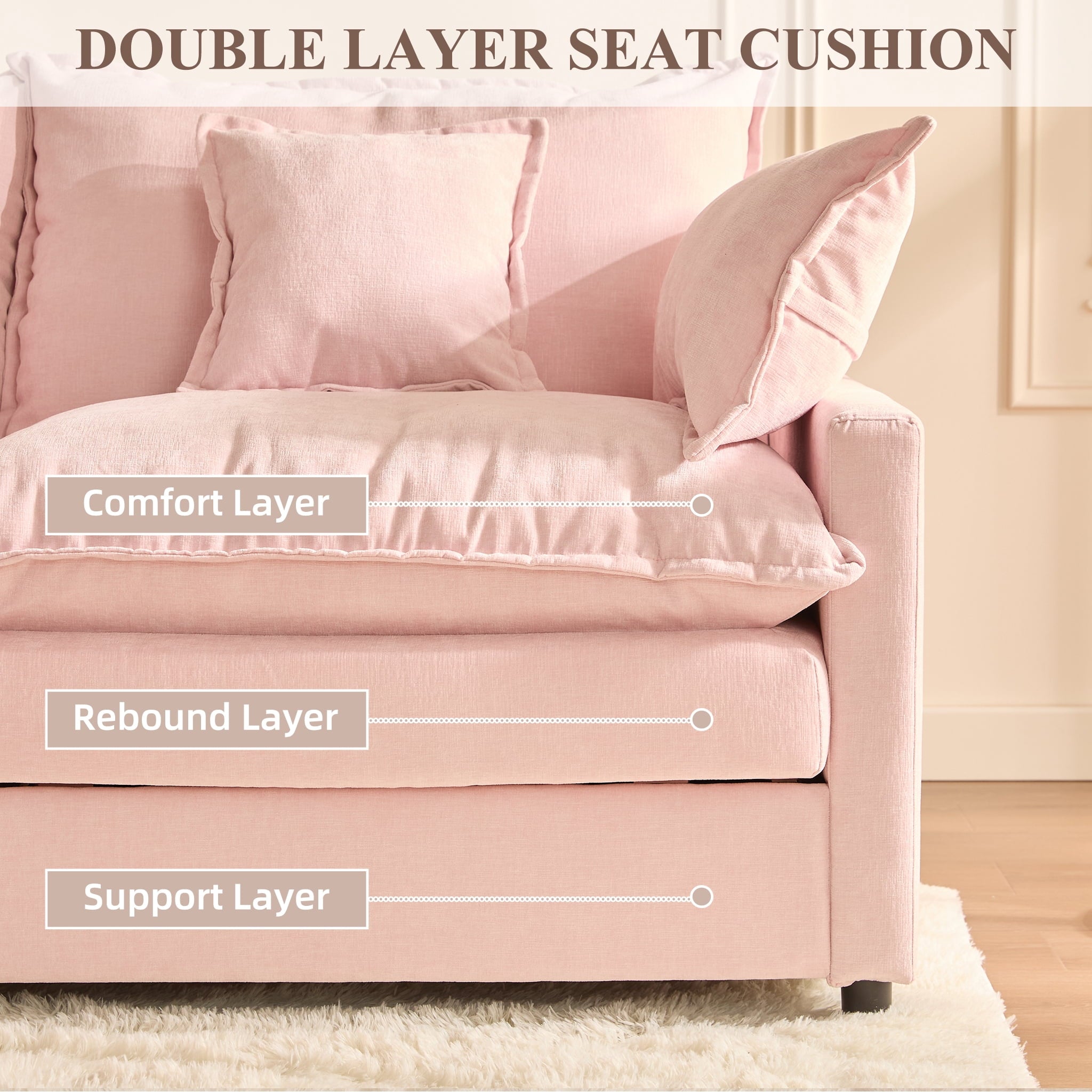 LAKPS 3-Seat Sectional Sofa Couch, Cloud-Style Deep Seating Sleeper Sofa with Included Throw Pillows, Linen Upholstery, Modern Living Room Sofa, Cream White