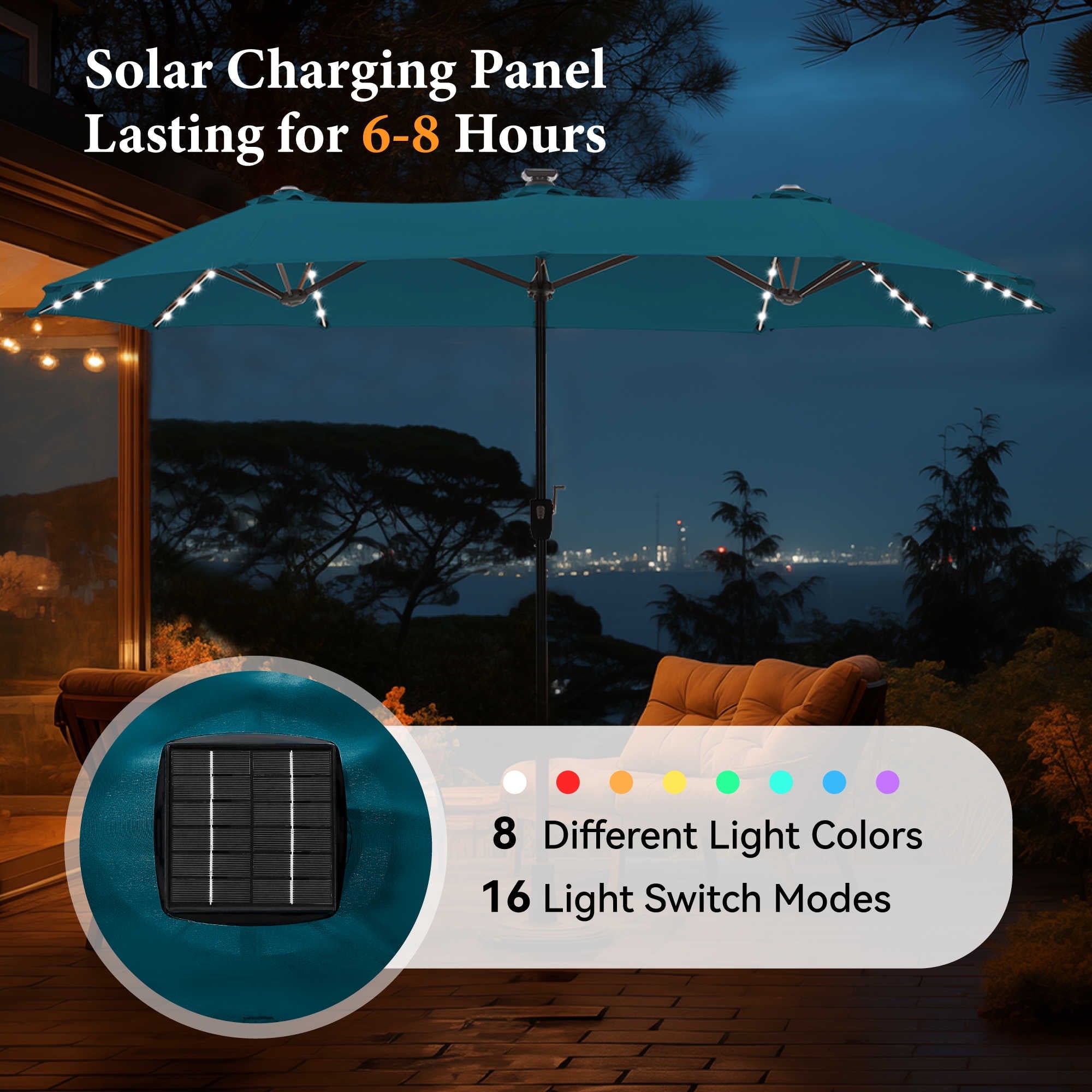 SUMMIT LIVING 13ft Large Patio Umbrella with Multi-Color LED Solar Lights Double-Sided Rectangular Outdoor Table Umbrella – Beige