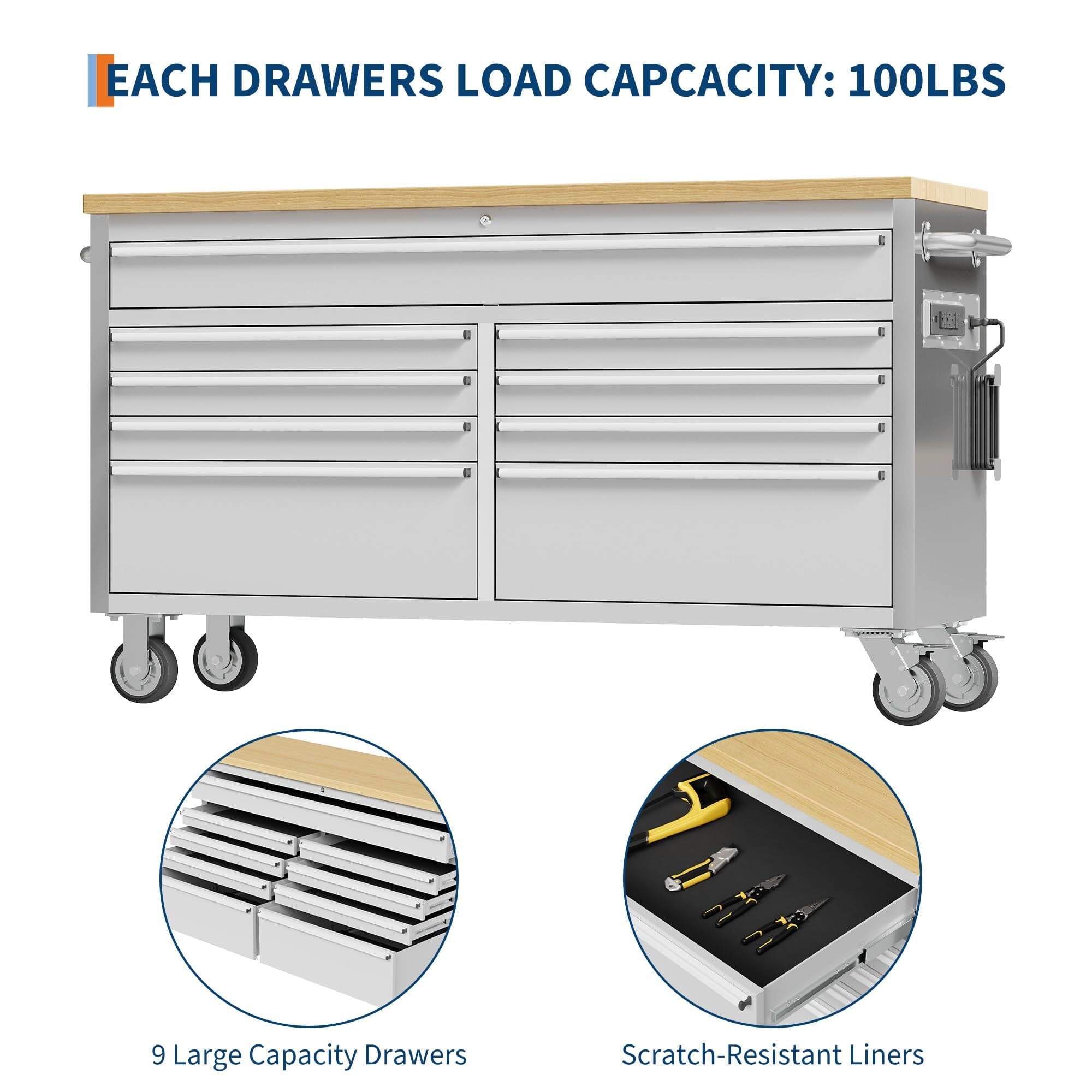Garvee 61 Tool Chest, Rolling Workbenches with 9 Drawers and Pre-Installed Power Strip for Garage, Workshop, Kitchen