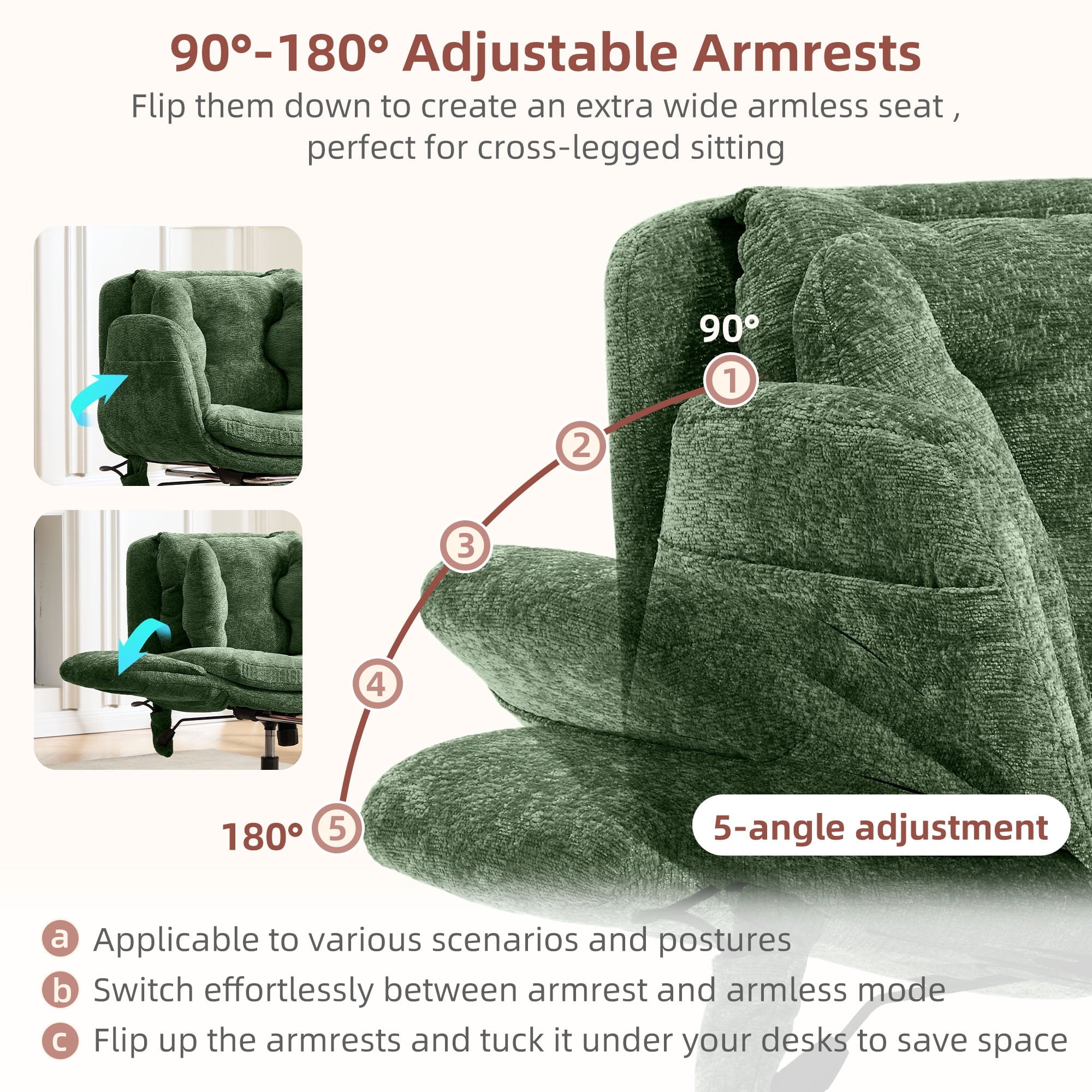 Hforesty Cross Legged Office Chair, Inflatable Flip-up Back & Wide Seat, 5-Position Armrests & Footrest, Ergonomic Task Chair for Home Office, Gray