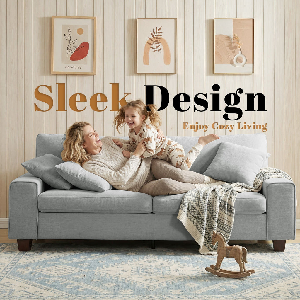 Poshby 88.58''W 3 Seater Sofa Couch with Chenille, Modern Square Arm for Living Room, Light Gray