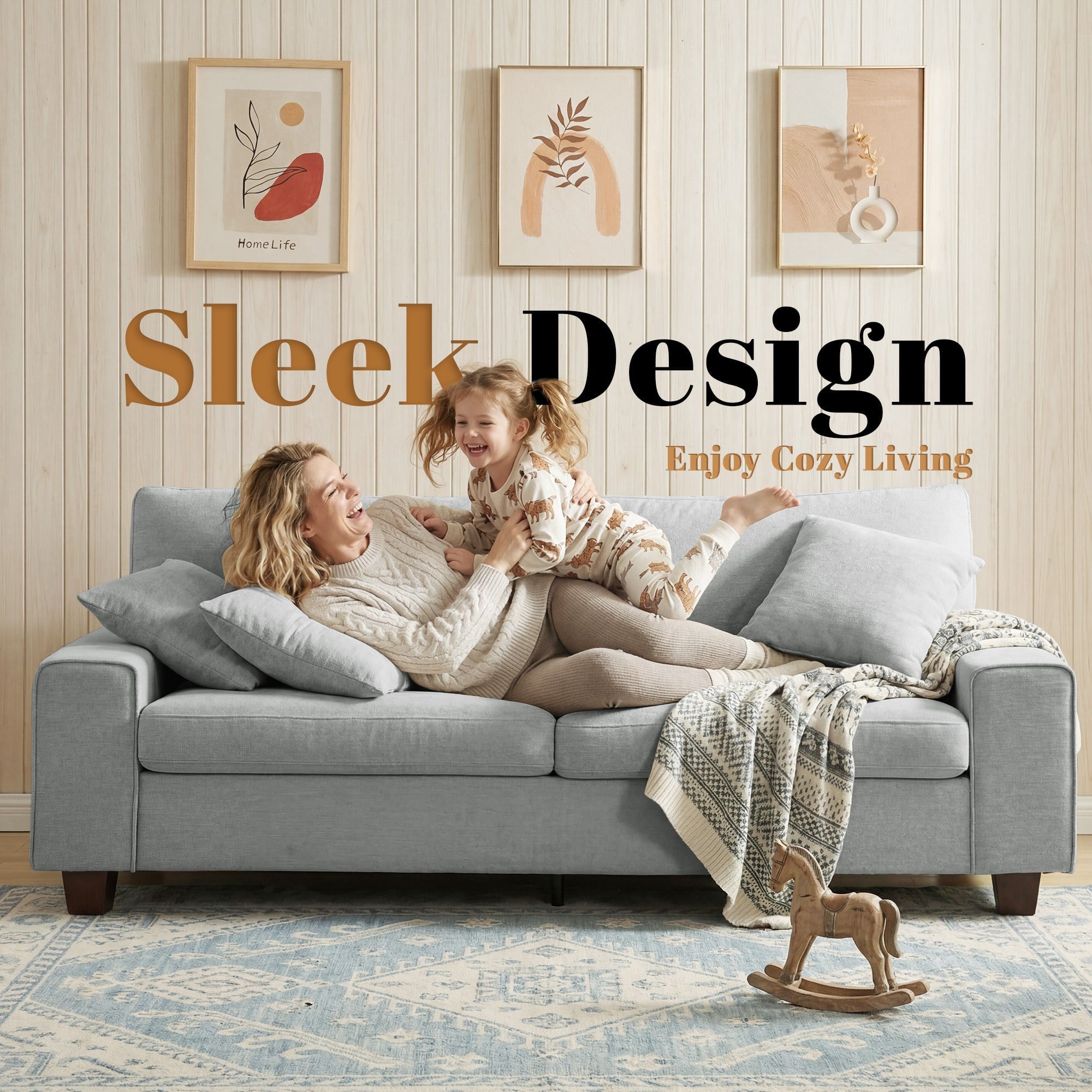 Poshby 88.58''W 3 Seater Sofa Couch with Chenille, Modern Square Arm for Living Room, Light Gray