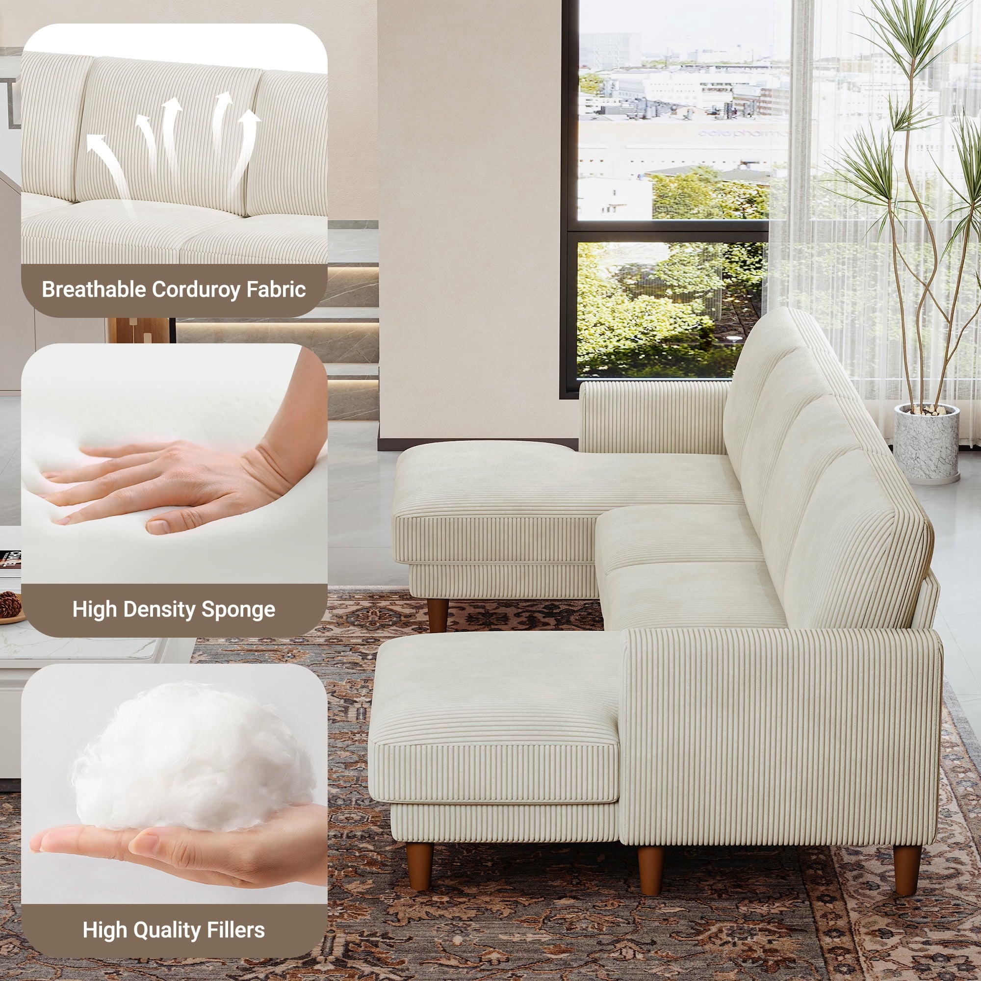 87 Corduroy Sofa,3 Seater Sofa with Extra Deep Seats,Neche Comfy Upholstered Couch for Living Room,2 Pillows,Green