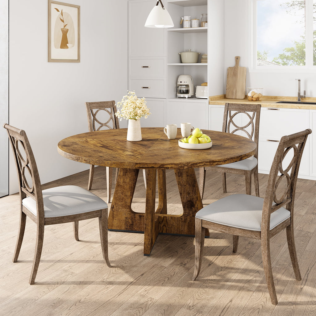 47'' Round Large Dining Table Set for 4 to 6,Mid Century Wood Dinner Table with Wide Tabletop and Cross Base,Dining Room Table for Home Dining Room or Living Room (No Chairs)