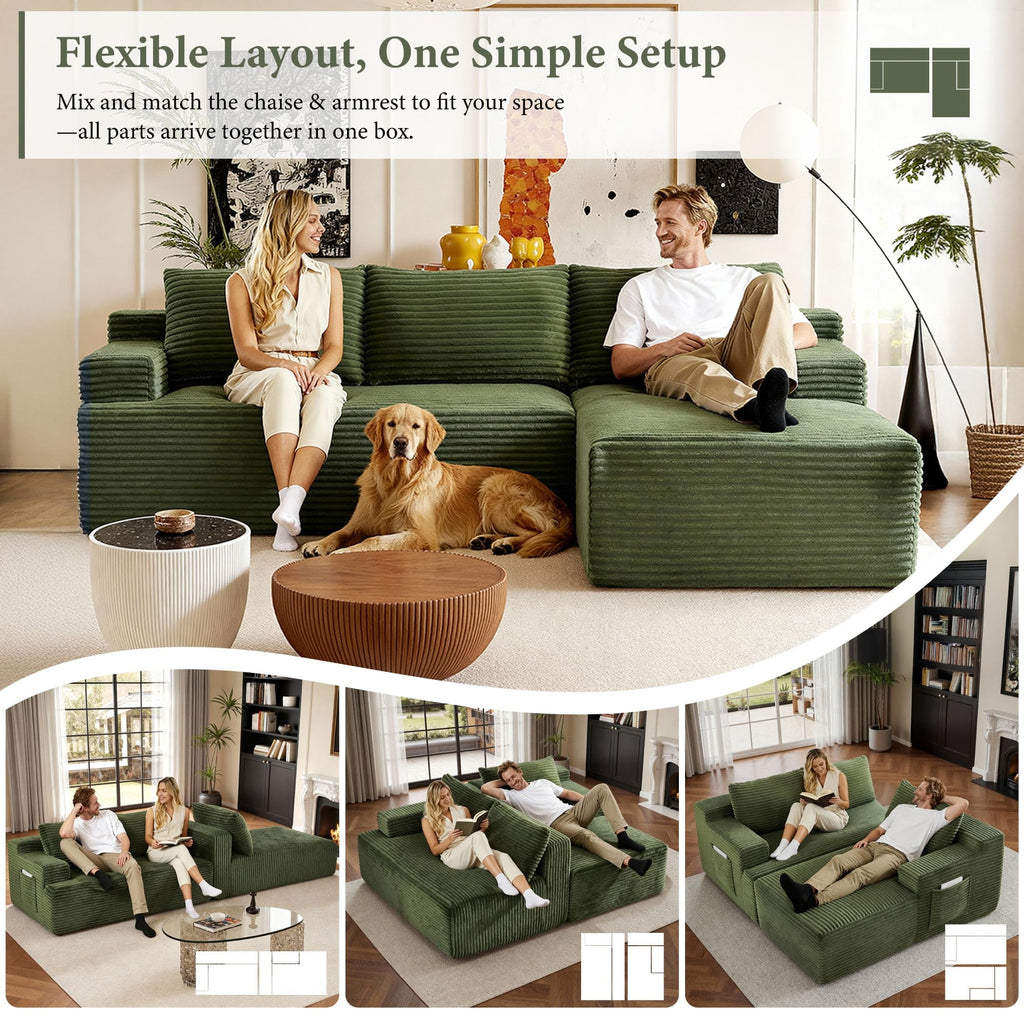 96 L-Shaped Sectional Couches for Living Room, Modular Cloud Couch with Chaise, Corduroy Deep Seat Boneless Sofa, No Assembly, Black