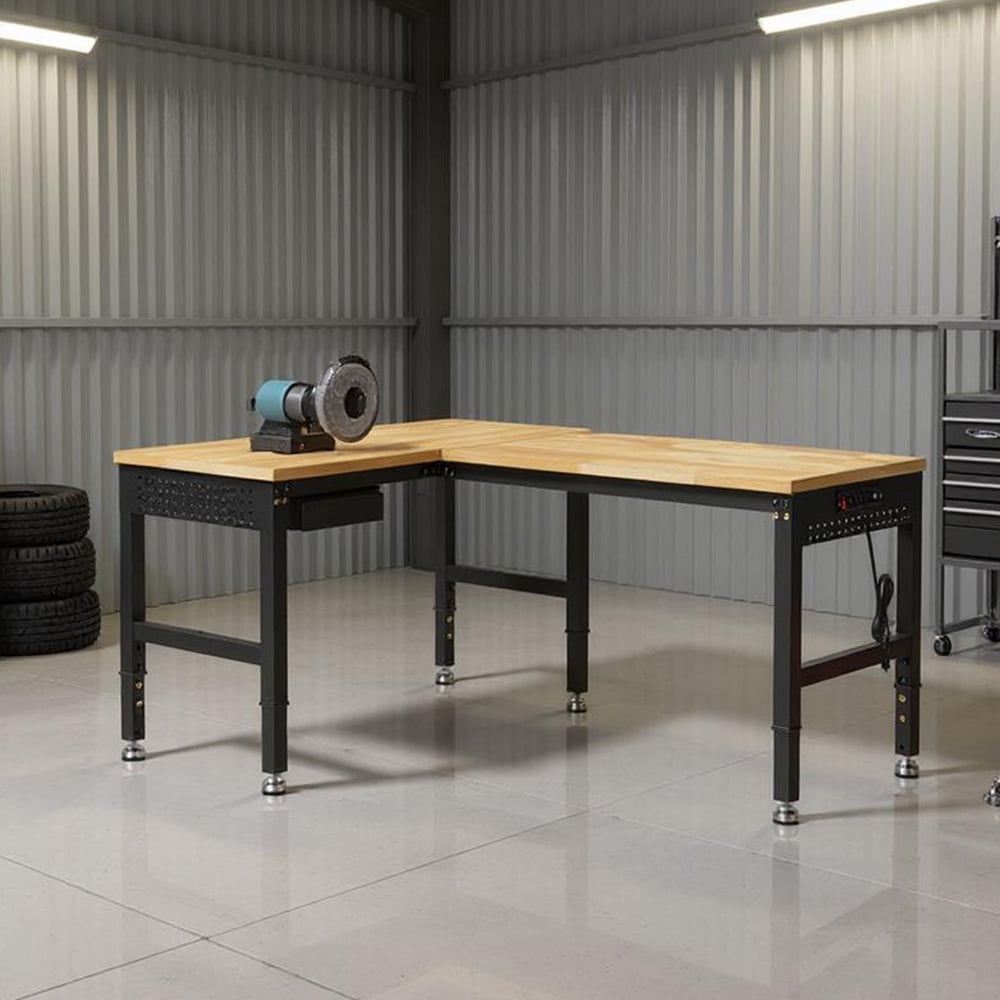 MUWOOD 96-inch L-Shaped Heavy-Duty Workbench with Adjustable Height, Wood Worktop, 5000 LBS Load Capacity for Garage, Workshop