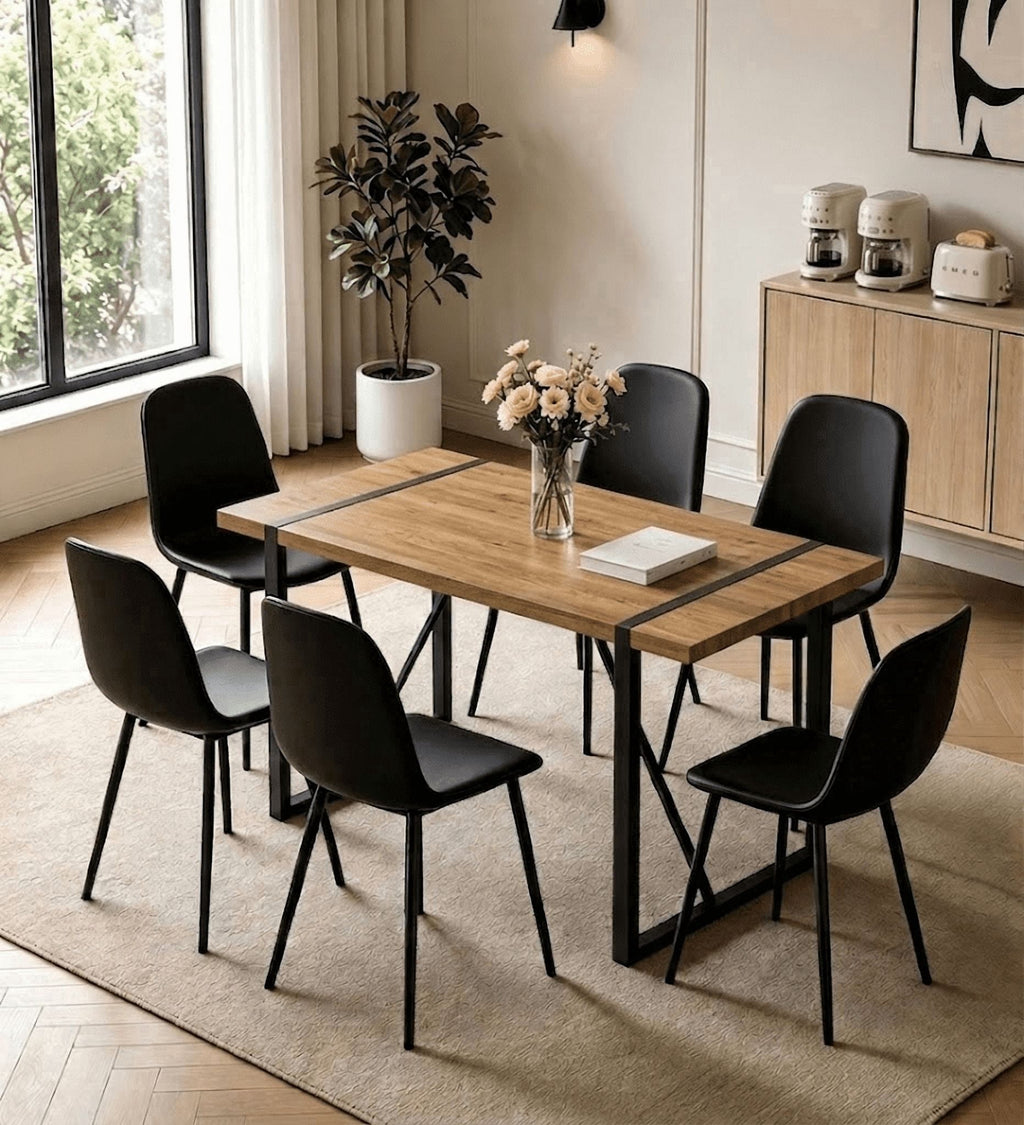 JUFU 55 Dining Table Set for 4, Modern Table and Chairs Set of 4, 5 Piece Dining Table Set Include Wooden Kitchen Table and 4 Faux Leather Chairs Ideal for Kitchen Dining Room Easy to Assemble