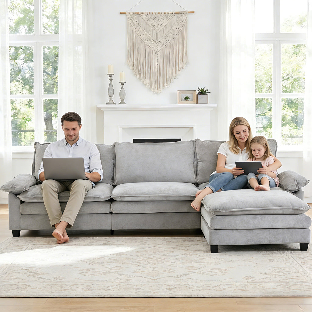 Ktaxon Sectional Sofa L Shaped Couch with Chaise Living Room Sleeper Set, 2 Seats with Chenille and Double Layer Cushions 86 W Beige