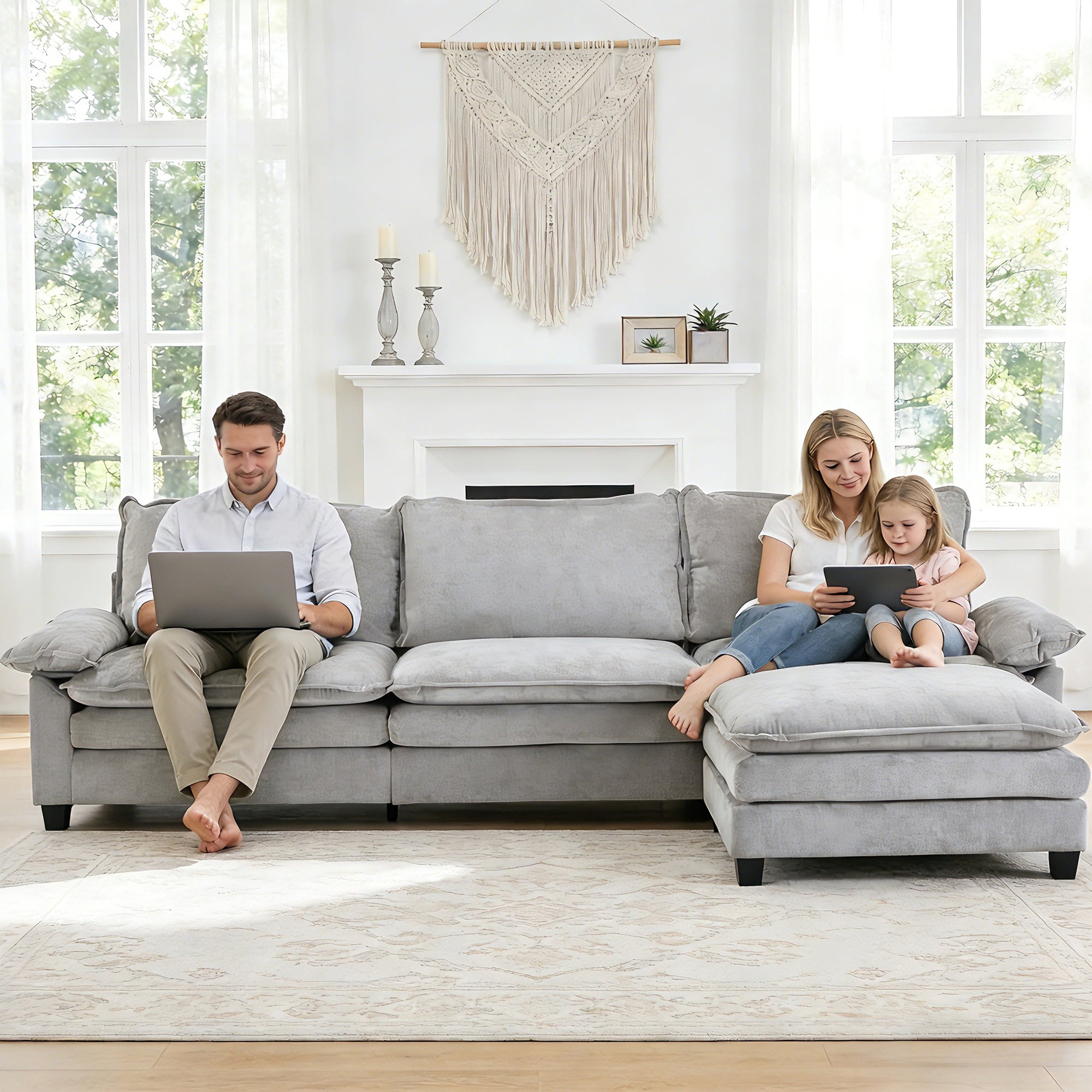 Ktaxon Sectional Sofa L Shaped Couch with Chaise Living Room Sleeper Set, 2 Seats with Chenille and Double Layer Cushions 86 W Beige