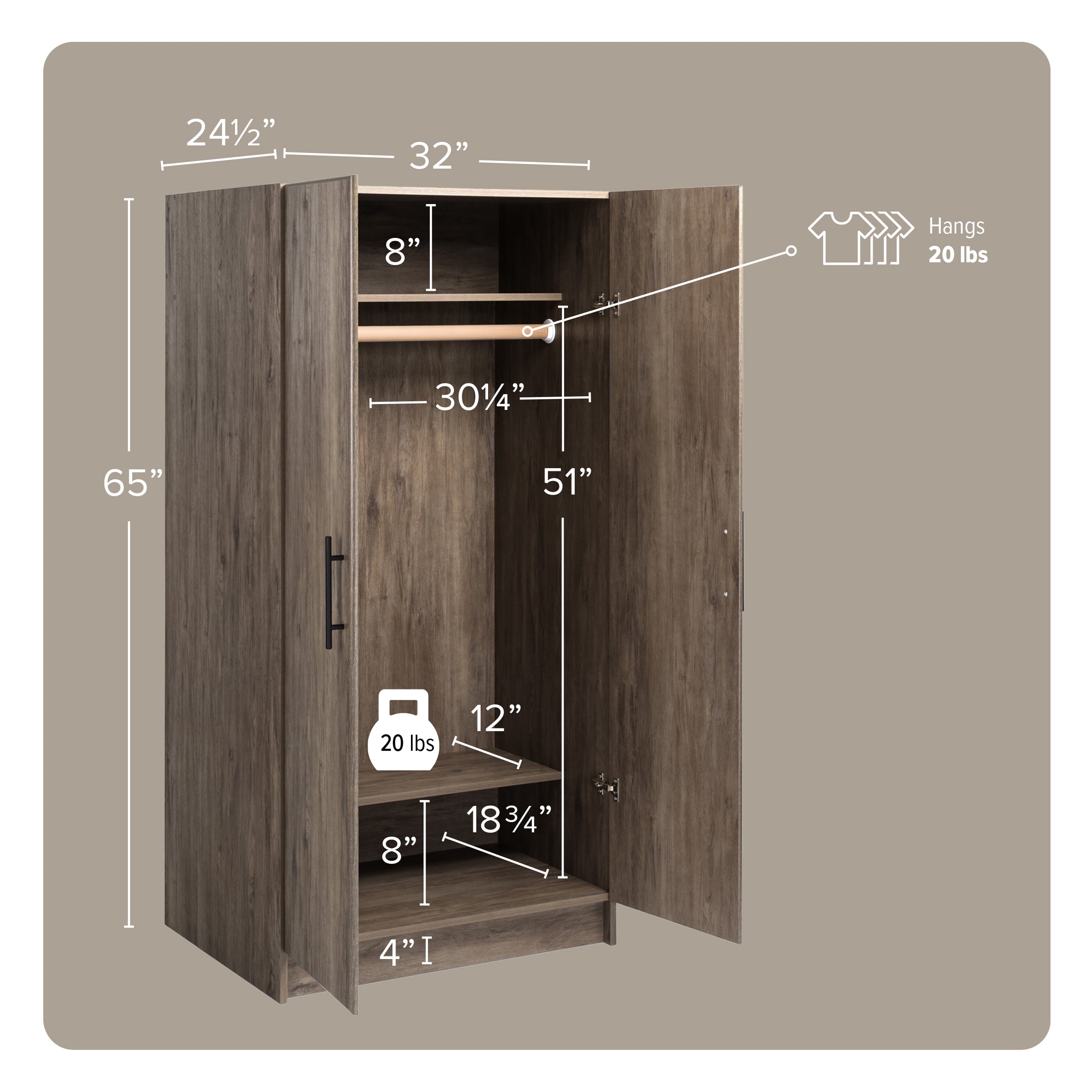 Prepac Armoir, Elite 32W x 35H x 20D White Wardrobe Closet & Cabinet - Functional Clothes Storage with Hanging Rail, Armoire Wardrobe - WEW-3264