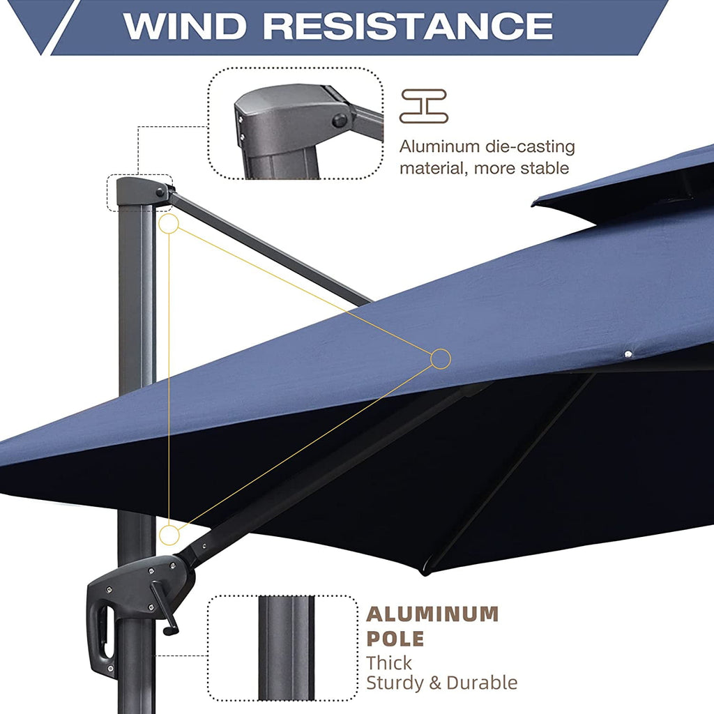 PURPLE LEAF Cantilever Umbrellas 12FT Square Large Patio Umbrella Offset Umbrella with 360°Rotation Tilting And Hanging Double Top, Grey