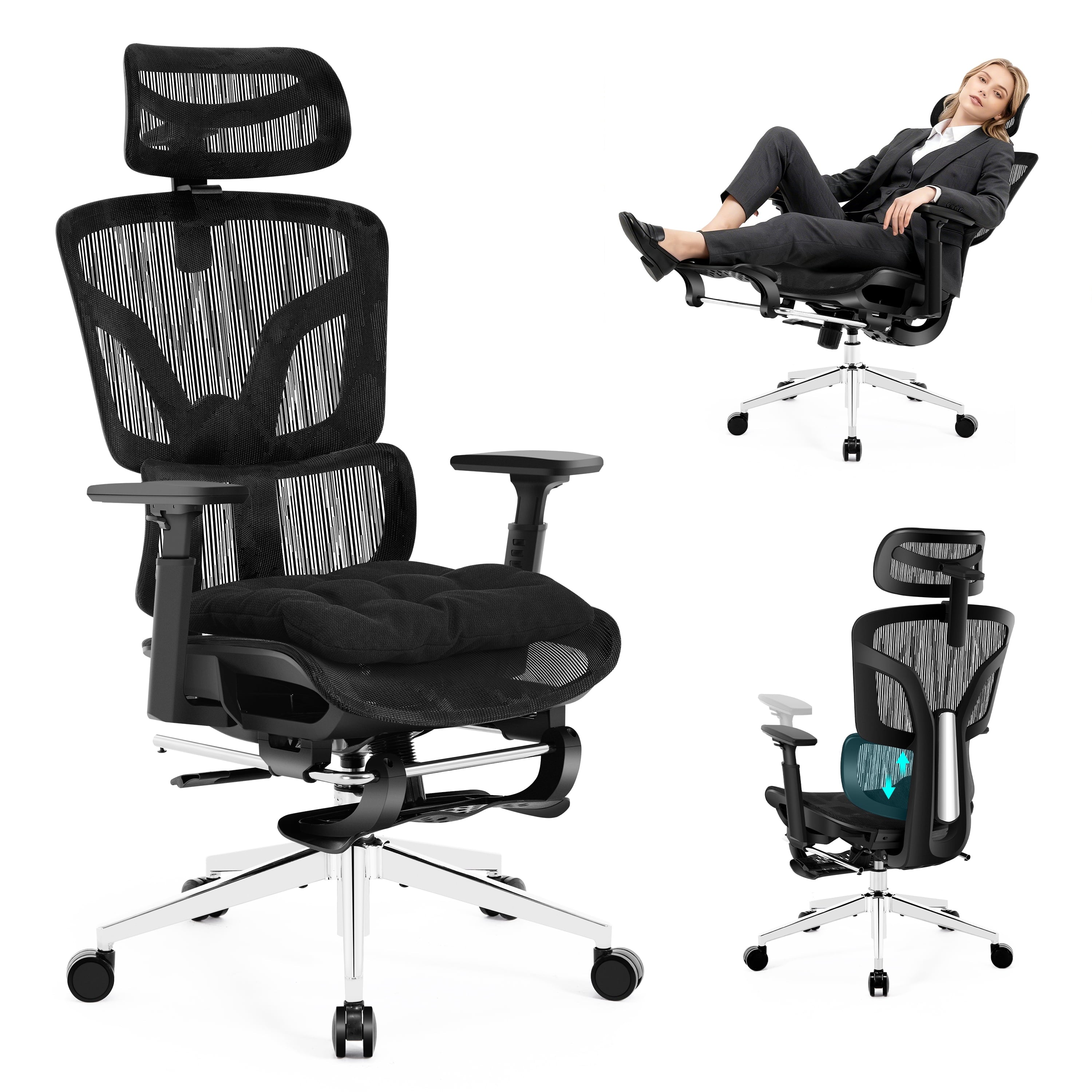 Nexthro Ergonomic Office Chair Mesh Chair with High Back Adjustable Headrest, Lumbar Support, 3D Armrest & Footrest, Swivel Computer Desk Chair(Black)