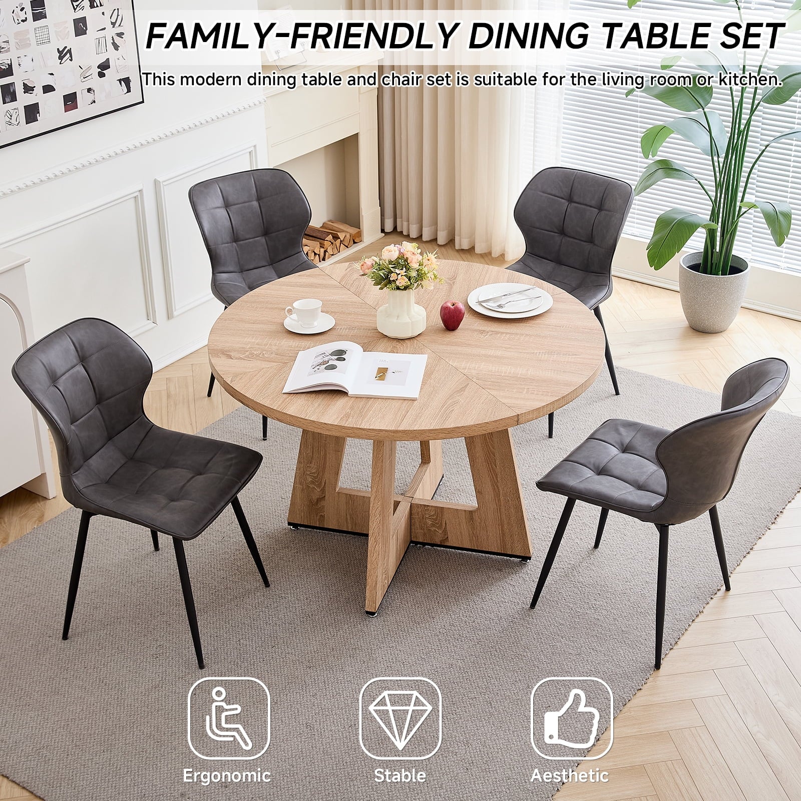 47 Round Dining Table Set for 4 Mid-Century Modern Kitchen Table with 4 Upholstered Chairs Kitchen Coffee Set Dining Table and Chairs for Living Room(Natural Table with 4 Beige Chairs)