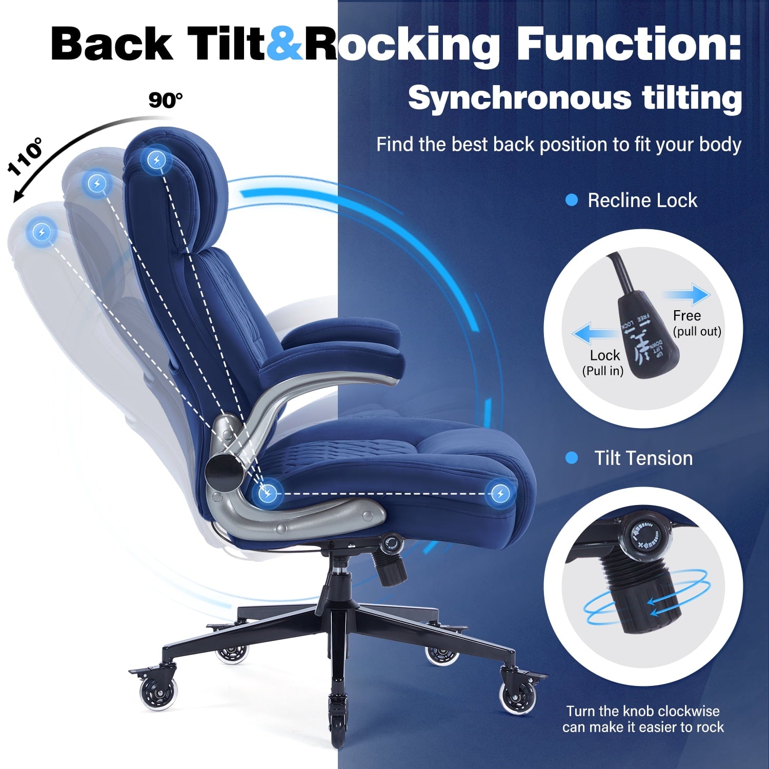 High Back Office Chair with Lockable Wheels, 400lbs Large Fabric Executive Desk Chair, Adjustable Lumbar Support Flip up Arms, Ergonomic Home Office Computer Chair with Storage Pocket, Black