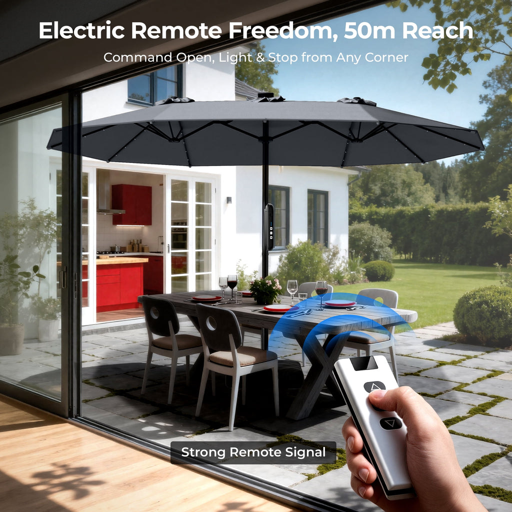 15ft Smart Electric Patio Umbrella, Large Double Sided Rectangular Outdoor Patio Umbrella with Light and Base for Lawn, Garden, Backyard,Beige