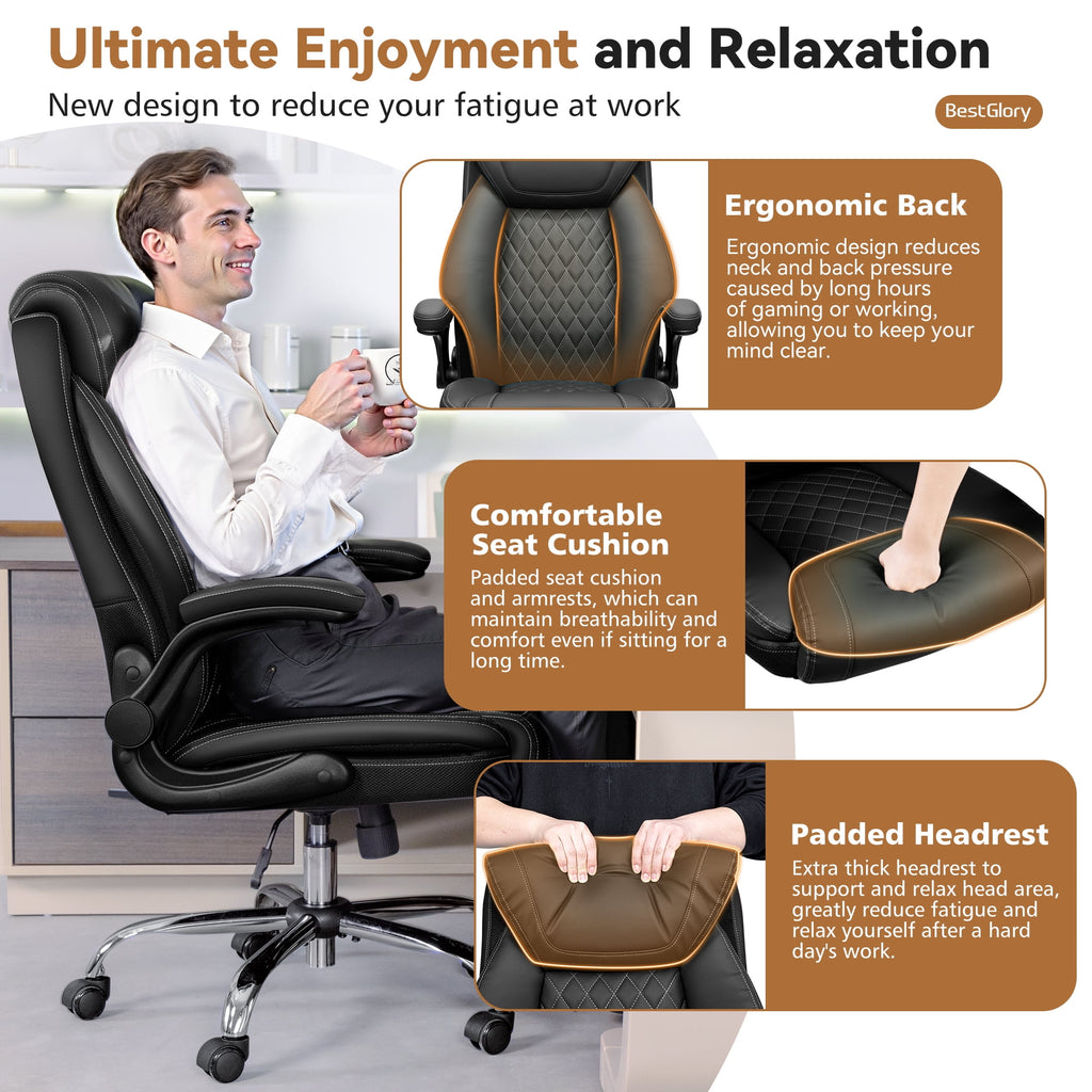 FASTES Ergonomic Office Chair, Big and Tall Leather Desk Chair with Footrest and Lumbar Support, 2-Position Reclining Executive Computer Chair, Black