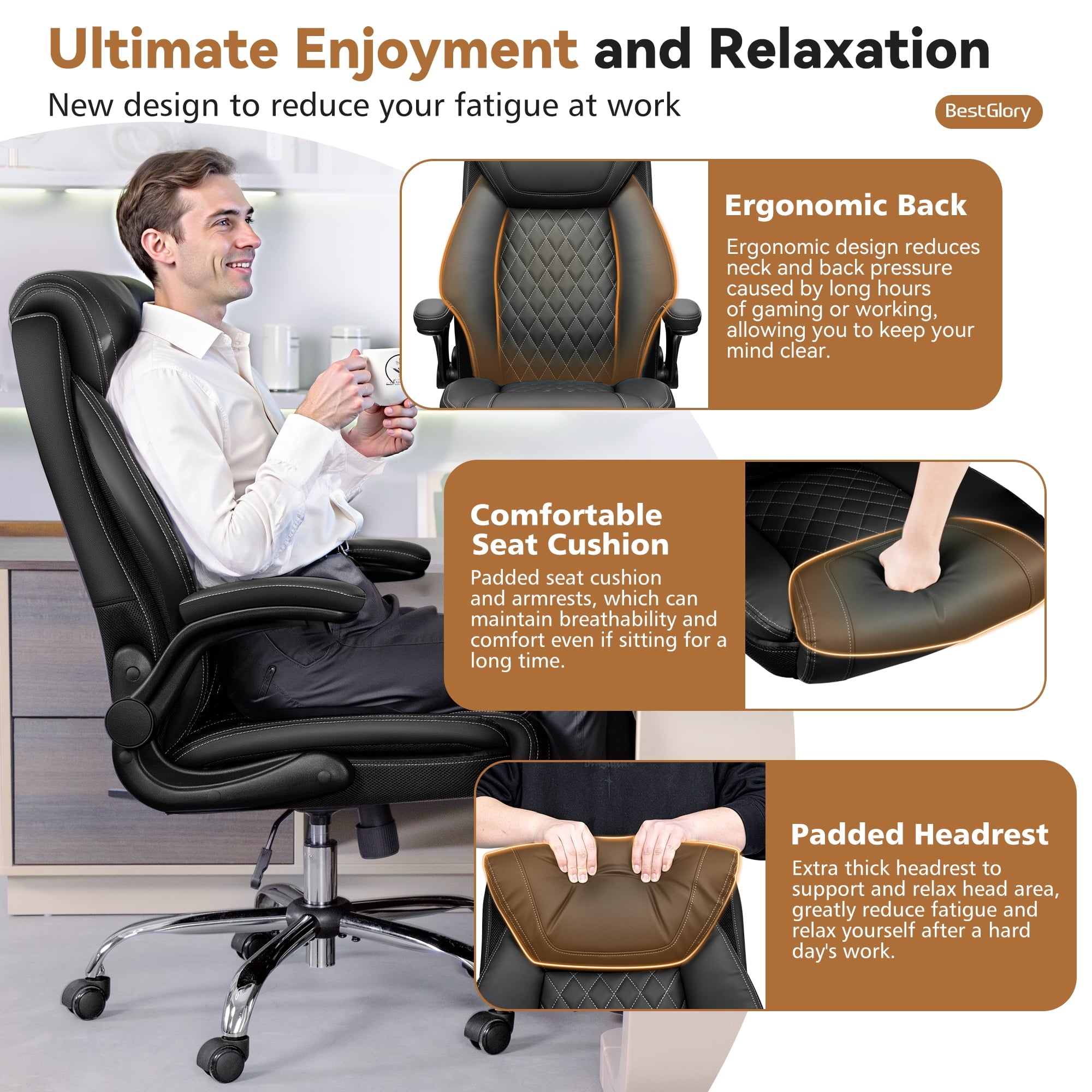 FASTES Ergonomic Office Chair, Big and Tall Leather Desk Chair with Footrest and Lumbar Support, 2-Position Reclining Executive Computer Chair, Black