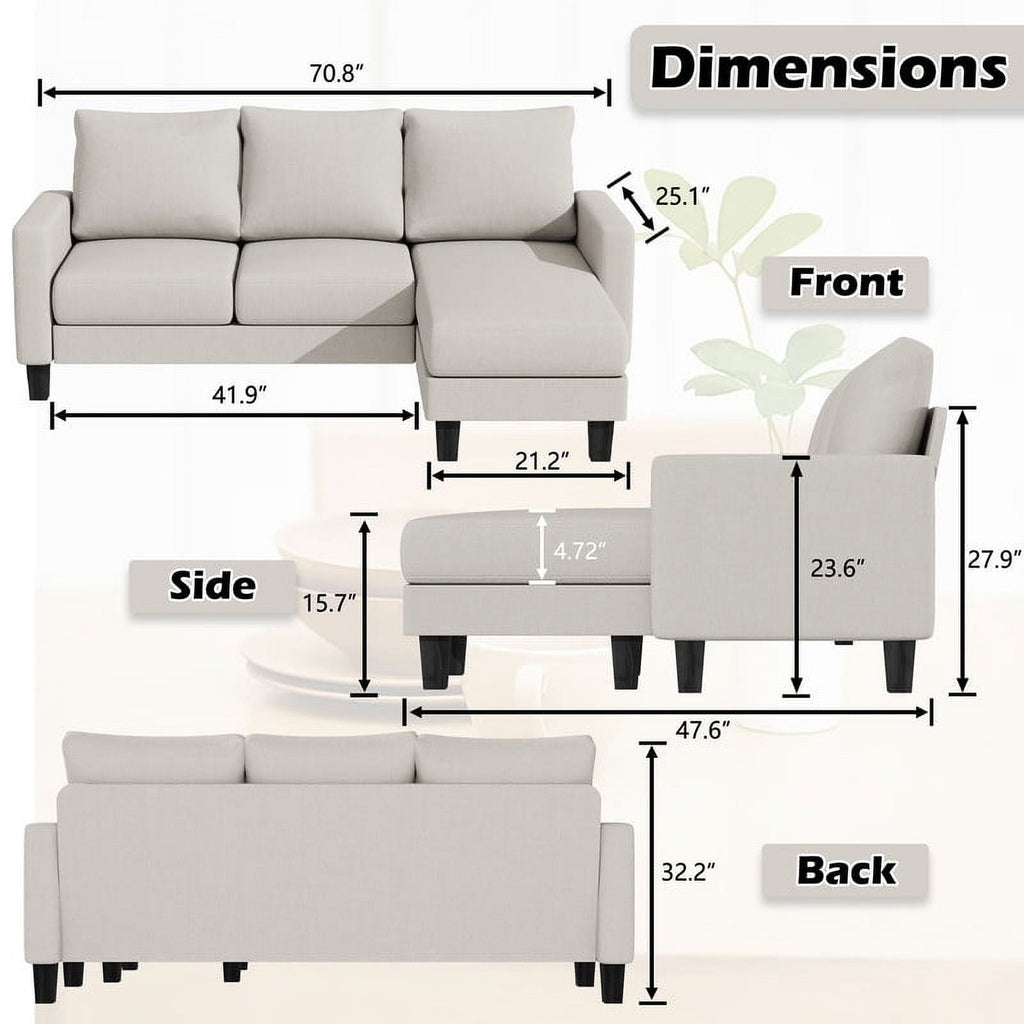 Homall Convertible Sectional Sofa Couch, Modern Linen Fabric L-Shaped Couch 3-Seat Sofa Sectional with Reversible Chaise for Small Living Room, Apartment and Small Space, Light Gray