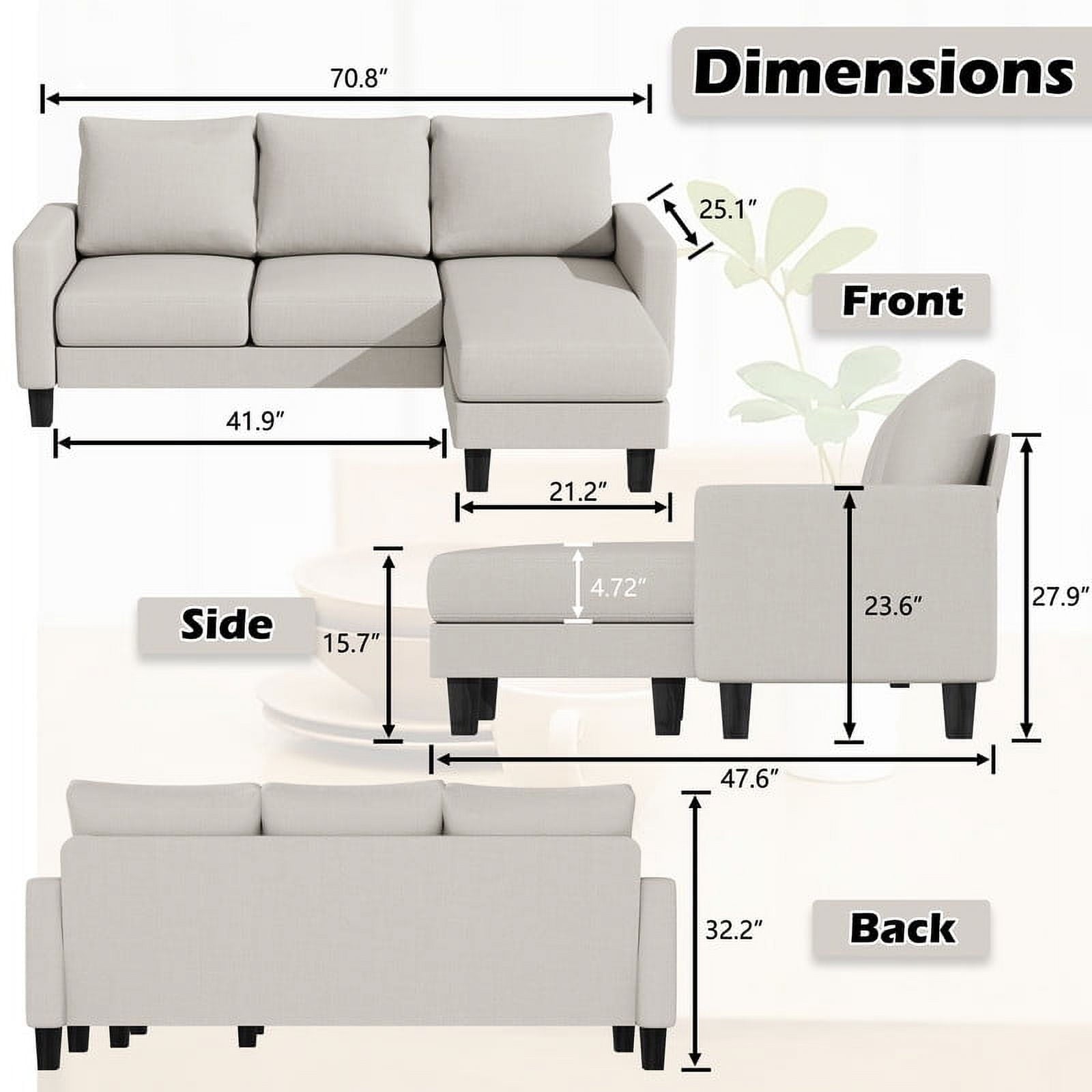 Homall Convertible Sectional Sofa Couch, Modern Linen Fabric L-Shaped Couch 3-Seat Sofa Sectional with Reversible Chaise for Small Living Room, Apartment and Small Space, Light Gray