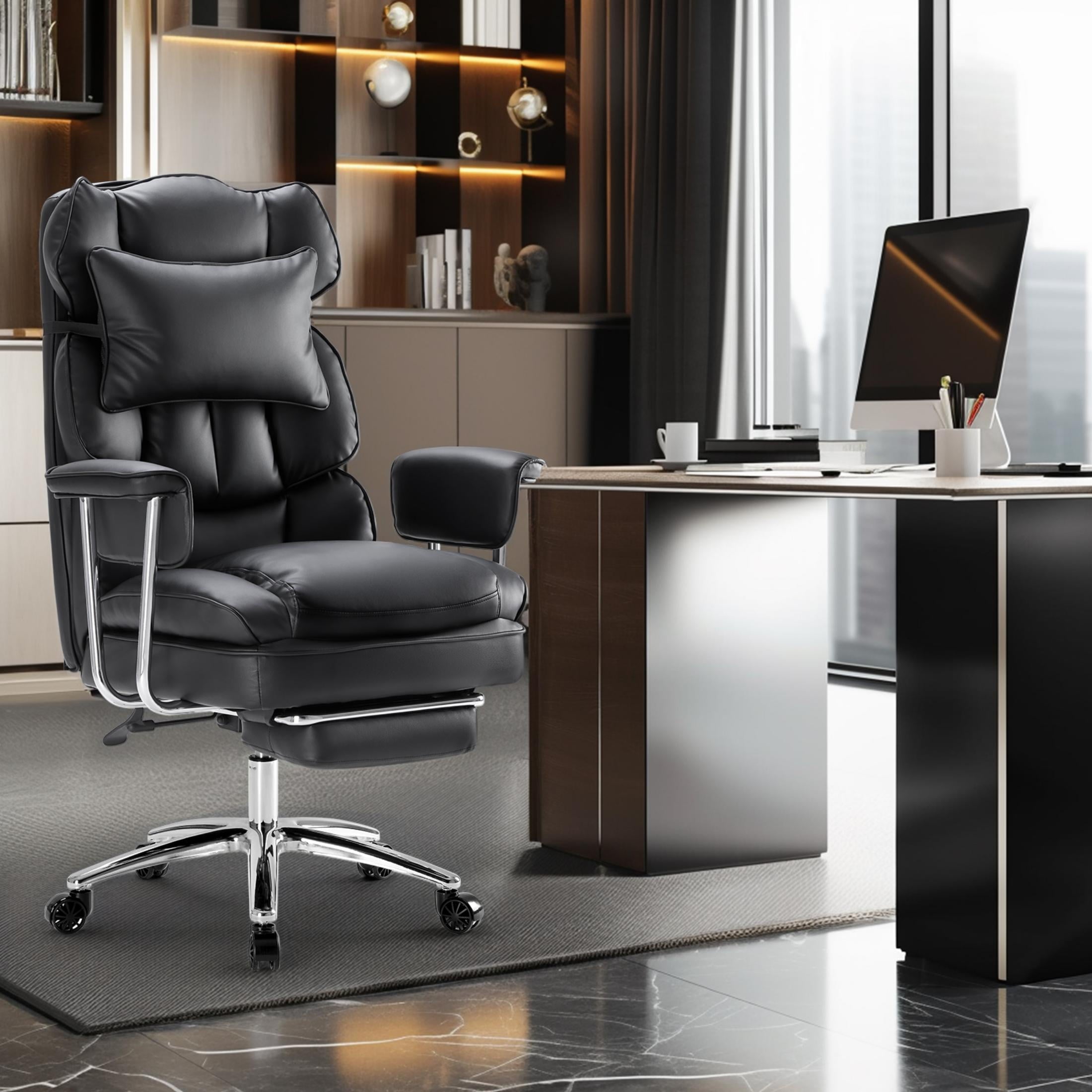 edx Executive Home Office Desk Chair, Ergonomic Big Tall High Back with Footrest & Lumbar Support, Reclining Comfy PU Leather Computer Gaming Chair with Swivel Wheels, Height Adjustable, Black