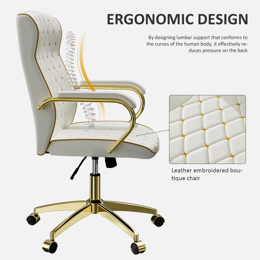 HomeZeer White and Gold Office Chair, Ergonomic High Back Executive Desk Chair with Wheels and Arms, Modern PU Leather Computer Chair with Rocking Function, White(Set of 2)