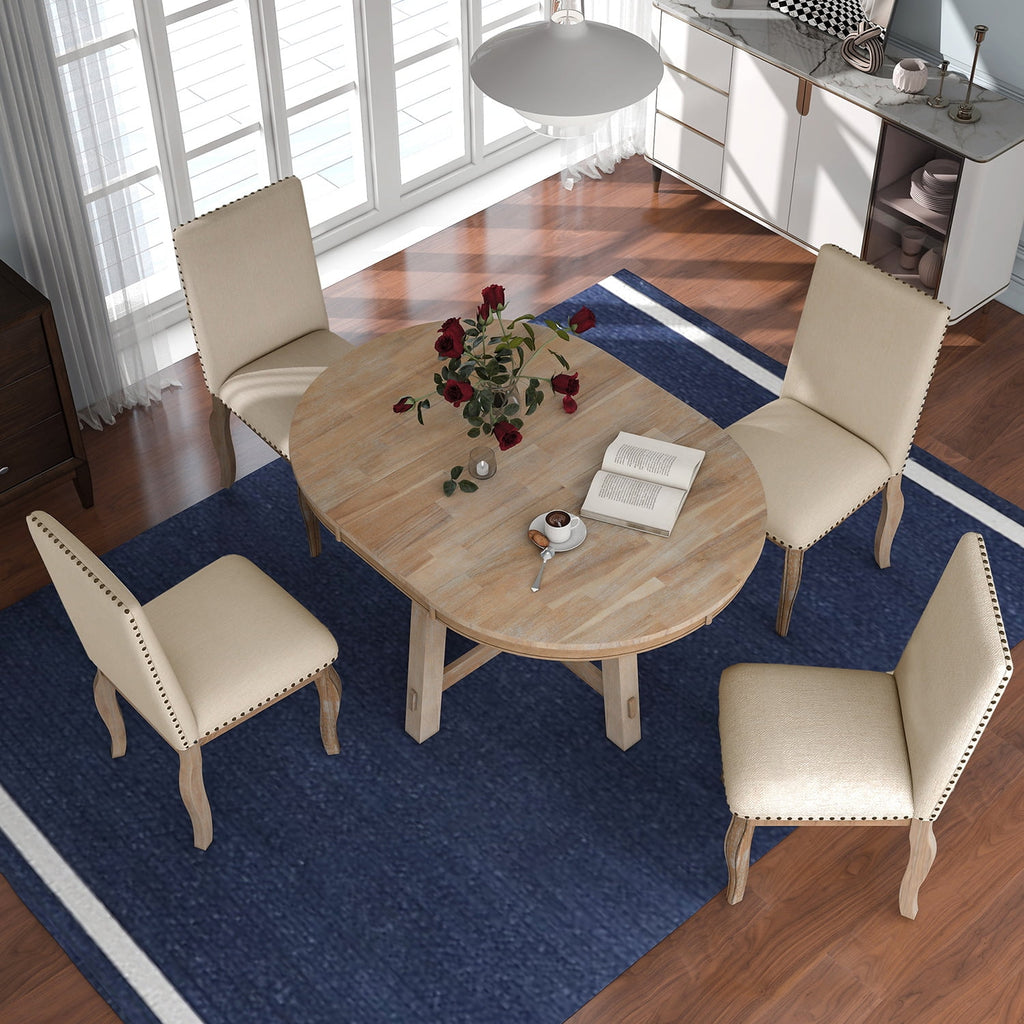 Harper & Bright Designs Extendable Dining Table Set for 4 Upholstered Chairs Functional Retro Style Table for Dining Room Kitchen, Natural Wood Wash