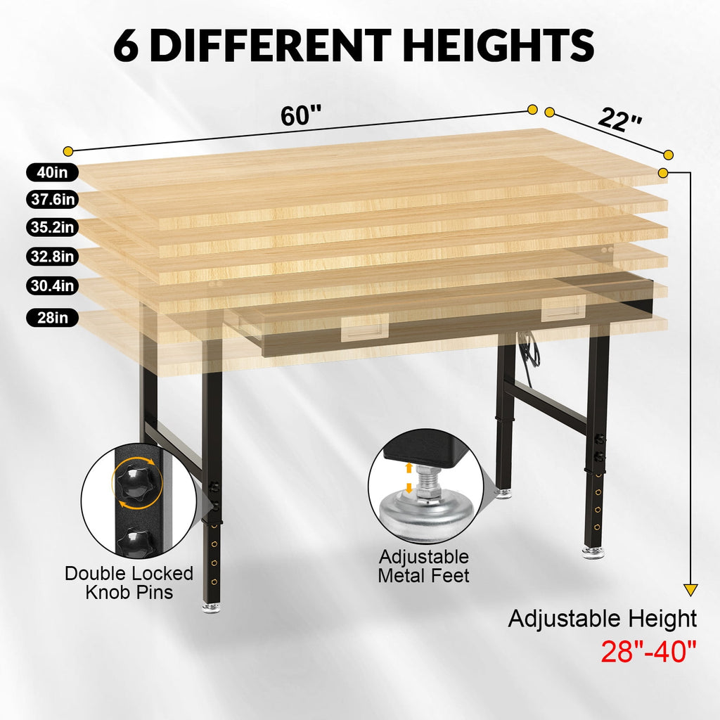 60 inch Workbench for Garage, Heavy-Duty 2 Tier Wood Work Bench with Storage Pegboards, Hooks, Power Outlets, Rubber Wood Tabletop 2000 LBS Load Bearing Workstation Garage Desk Work Table