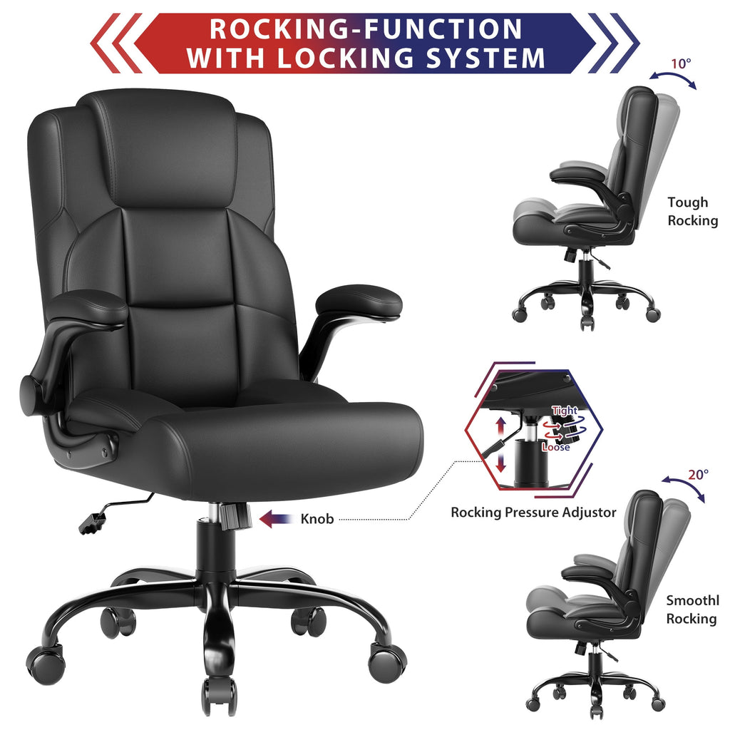 JONPONY Leather Office Chair, Big and Tall 500lbs Ergonomic Desk Chairs with Back Support, Executive Leather Chair with Wheels for Home Office, with Adjustable Padded Armrest & Lumbar Support , Black