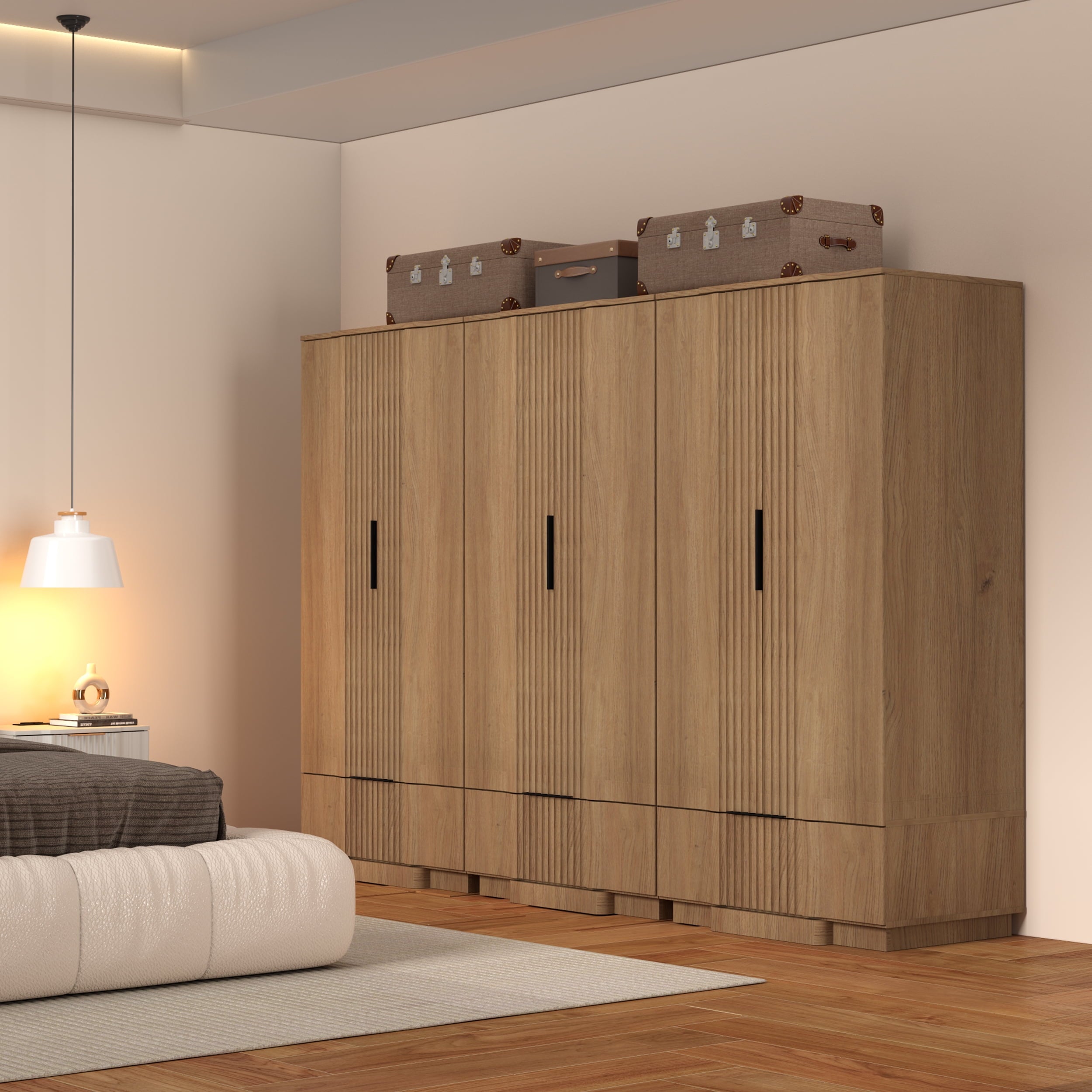 Brafabhome 67H Fluted Armoire Wardrobe Closet with Drawer, Wooden 2 Doors Wardrobe Cabinet with Hanging Rod & Adjustable Shelf for Bedroom | Whitewash